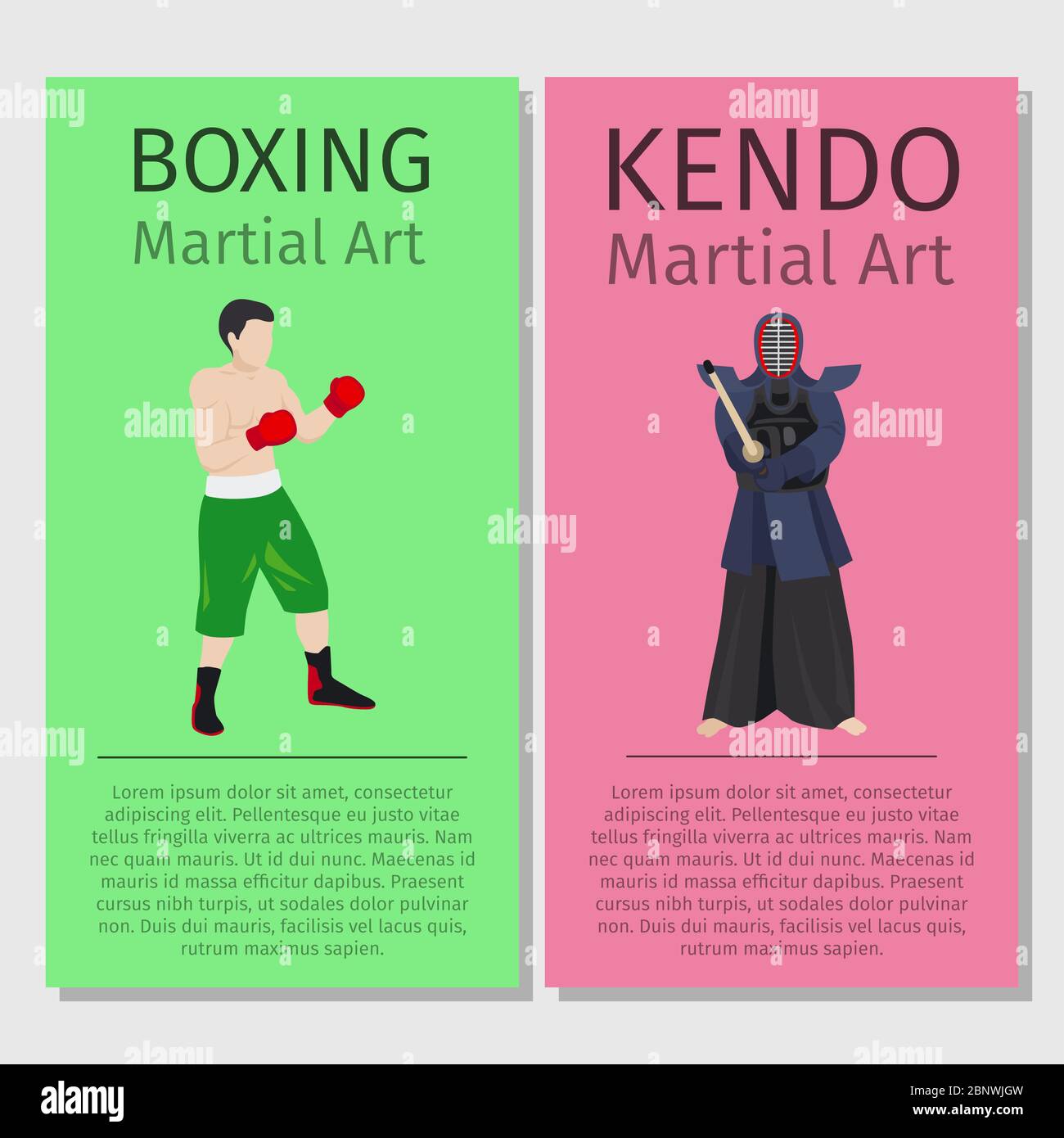 Asiatische Kampfkunst Vektor Flyer Set. Boxen und Kendo Vektor Illustration Stock Vektor