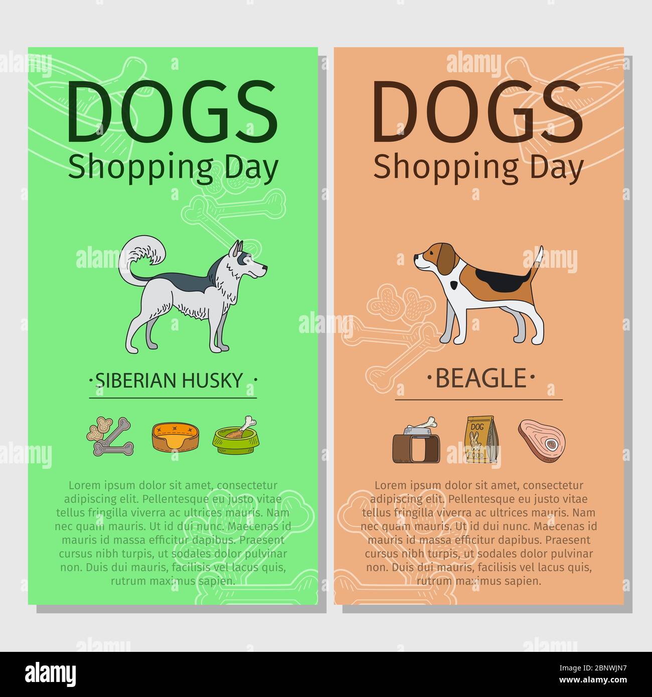 Hunde Shopping Tag Flyer. Siberian Husky und Beagle Hunderassen. Vektorgrafik Stock Vektor