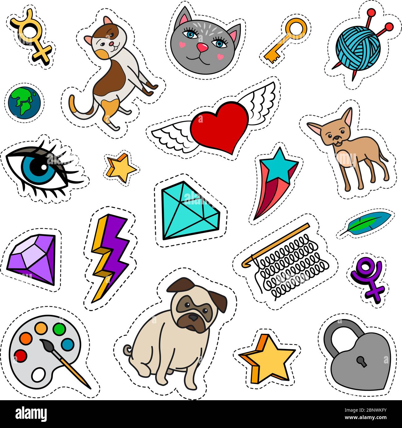Schrullige Fashion-Patches mit Tieren, Diamanten, Herz und Schlüssel auf weißem Hintergrund. Vektoraufkleber oder Abzeichen Sammlung Stock Vektor