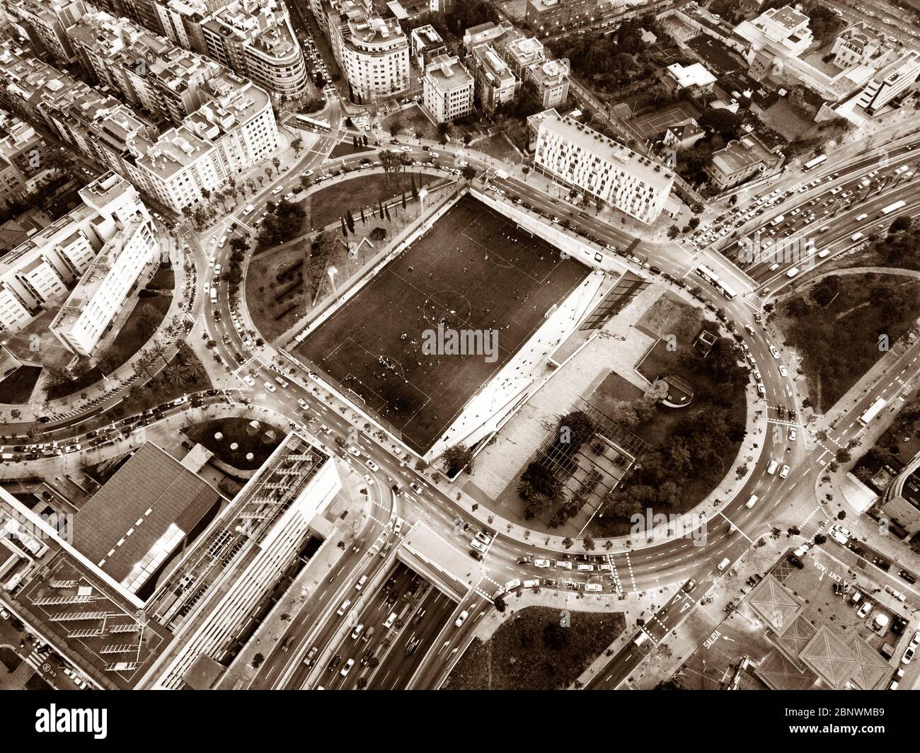 Camp de l'Àliga Fußballplatz in Alfonso Comin Platz in Vallcarca Nachbarschaft Luftaufnahme Barcelona Katalonien Spanien Stockfoto