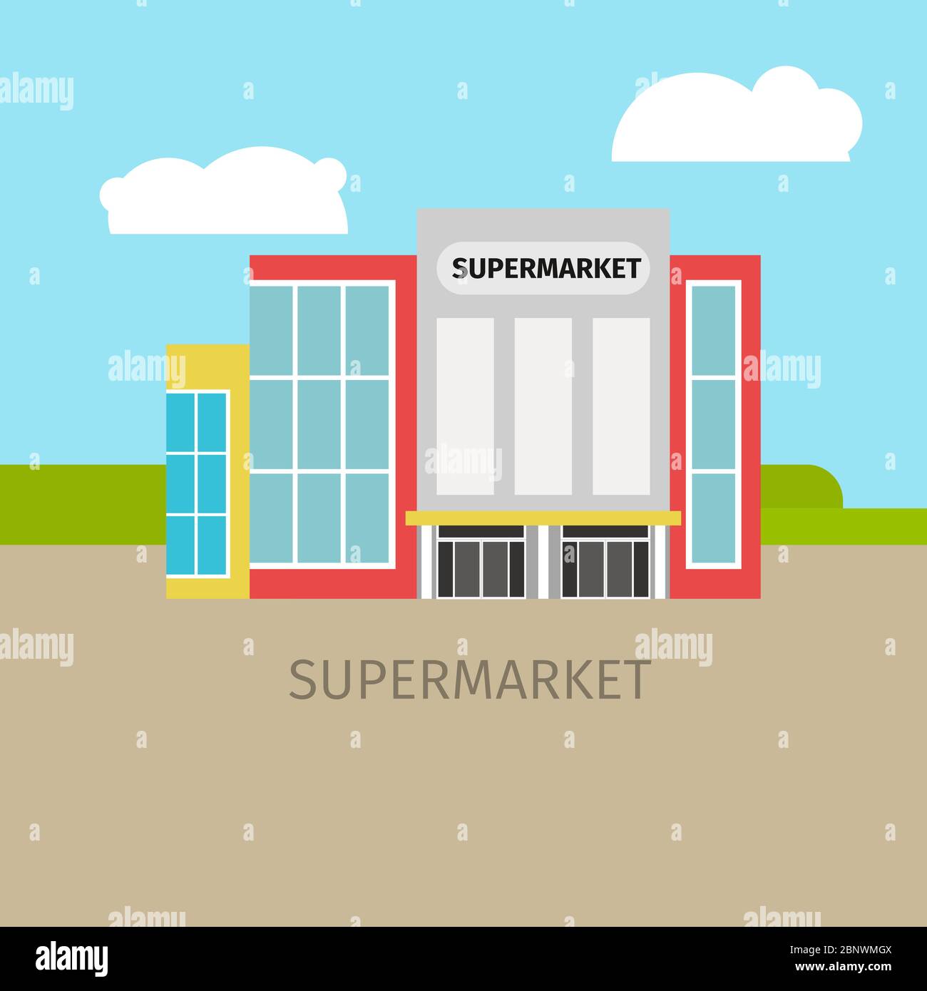 Farbige Supermarkt Gebäude mit Himmel und Wolken, Vektor-Illustration Stock Vektor