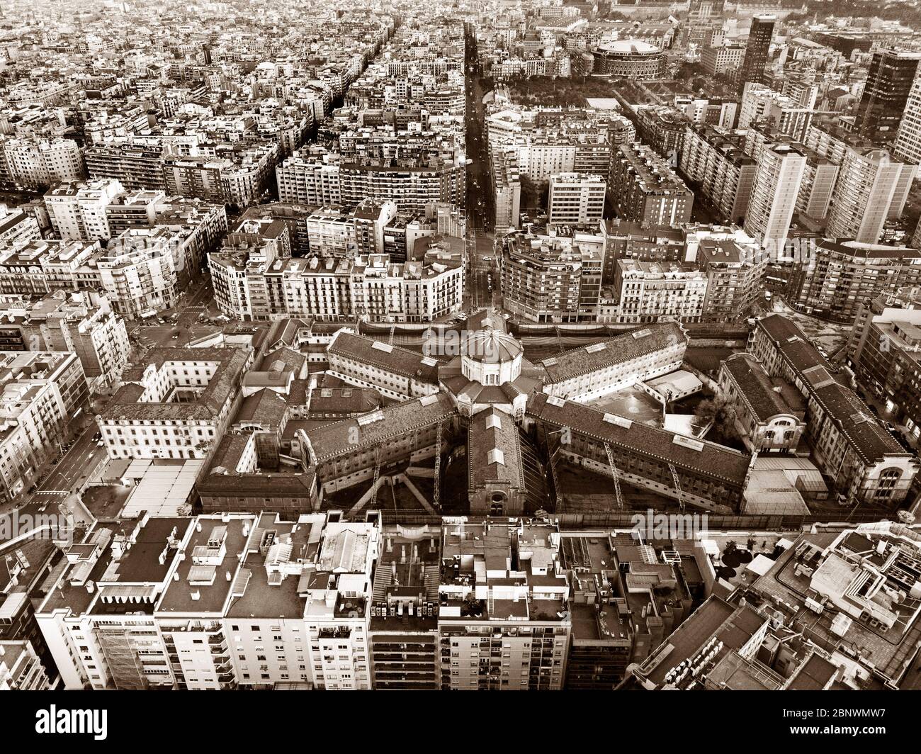 Modelo altes Gefängnis Luftaufnahme im eixample Viertel Barcelona Katalonien Spanien La Model war das berüchtigte Franco Foltergefängnis. La Model, wie es mehr ist Stockfoto