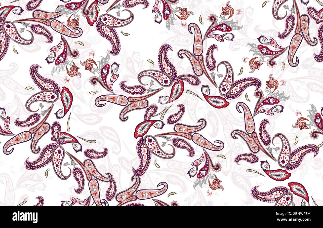 Nahtloses Paisley-Muster, ornamentaler Paisley-Print für Textil, Umhüllung, Stoff auf weißem Hintergrund. Stockfoto