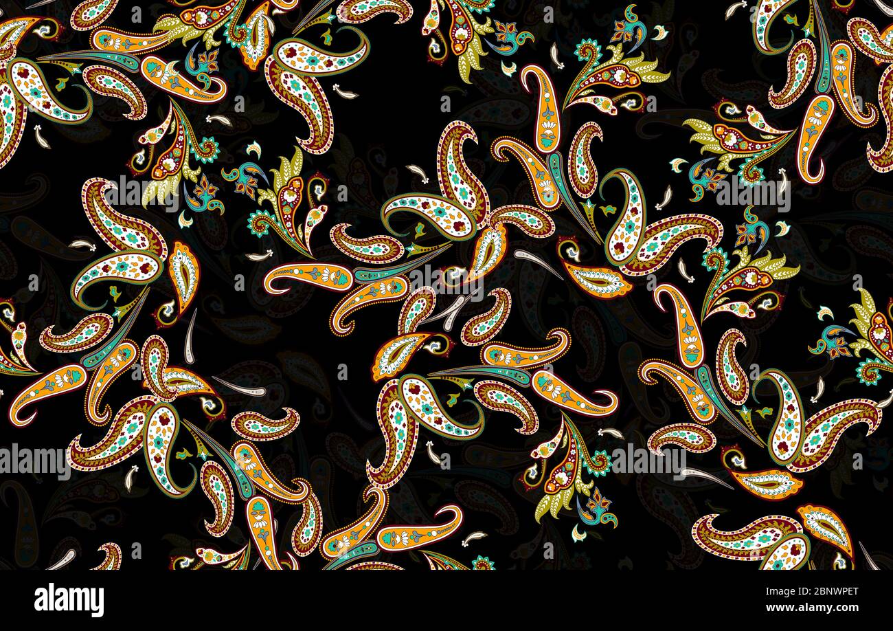 Nahtloses Paisley-Muster, ornamentaler Paisley-Print für Textil, Umhüllung, Stoff auf schwarzem Hintergrund. Stockfoto