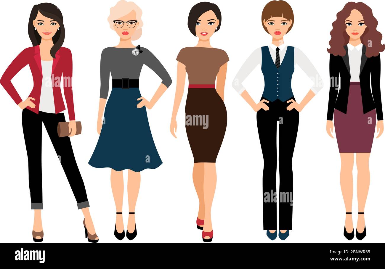 Nette junge Frauen in verschiedenen Stil Kleidung Vektor-Illustration. Geschäftsfrau und Büro Mädchen Charakter isoliert auf weißem Hintergrund Stock Vektor
