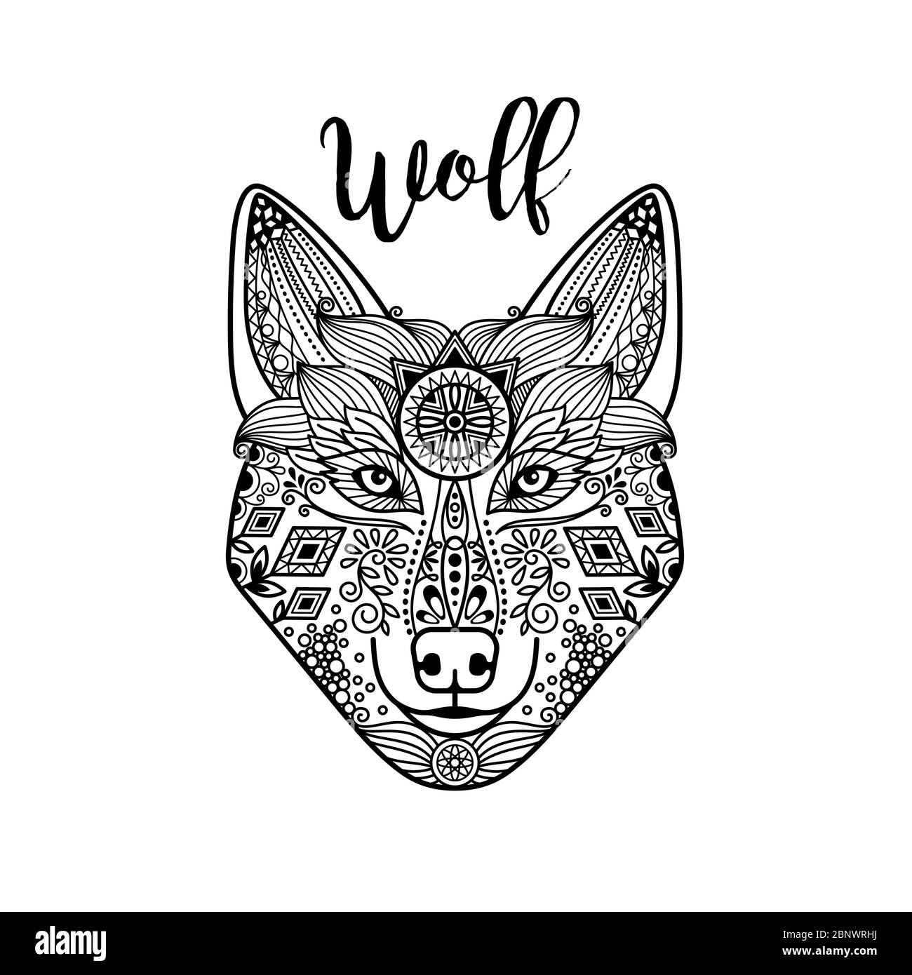 Zentangle Wolfskopf mit handgezeichneter Guata Vektor Ornament Stock Vektor