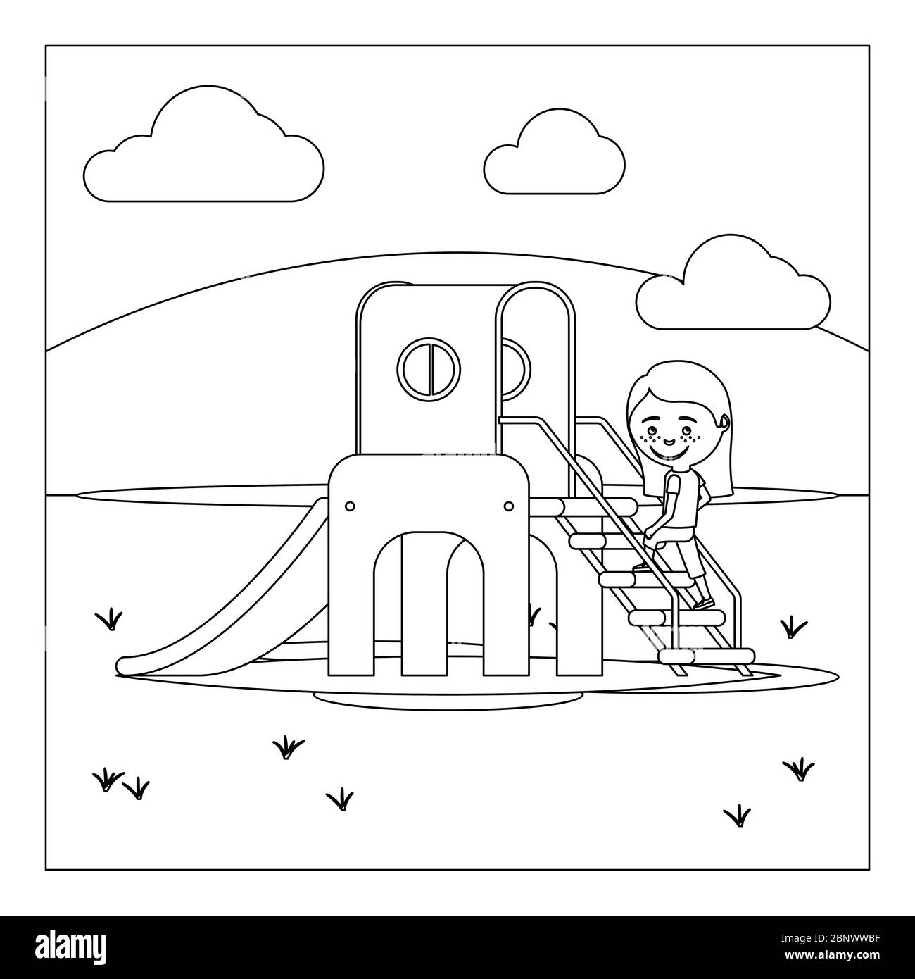 Malbuch Seite Design mit Kind auf Spielplatz. Vektorgrafik Stock Vektor