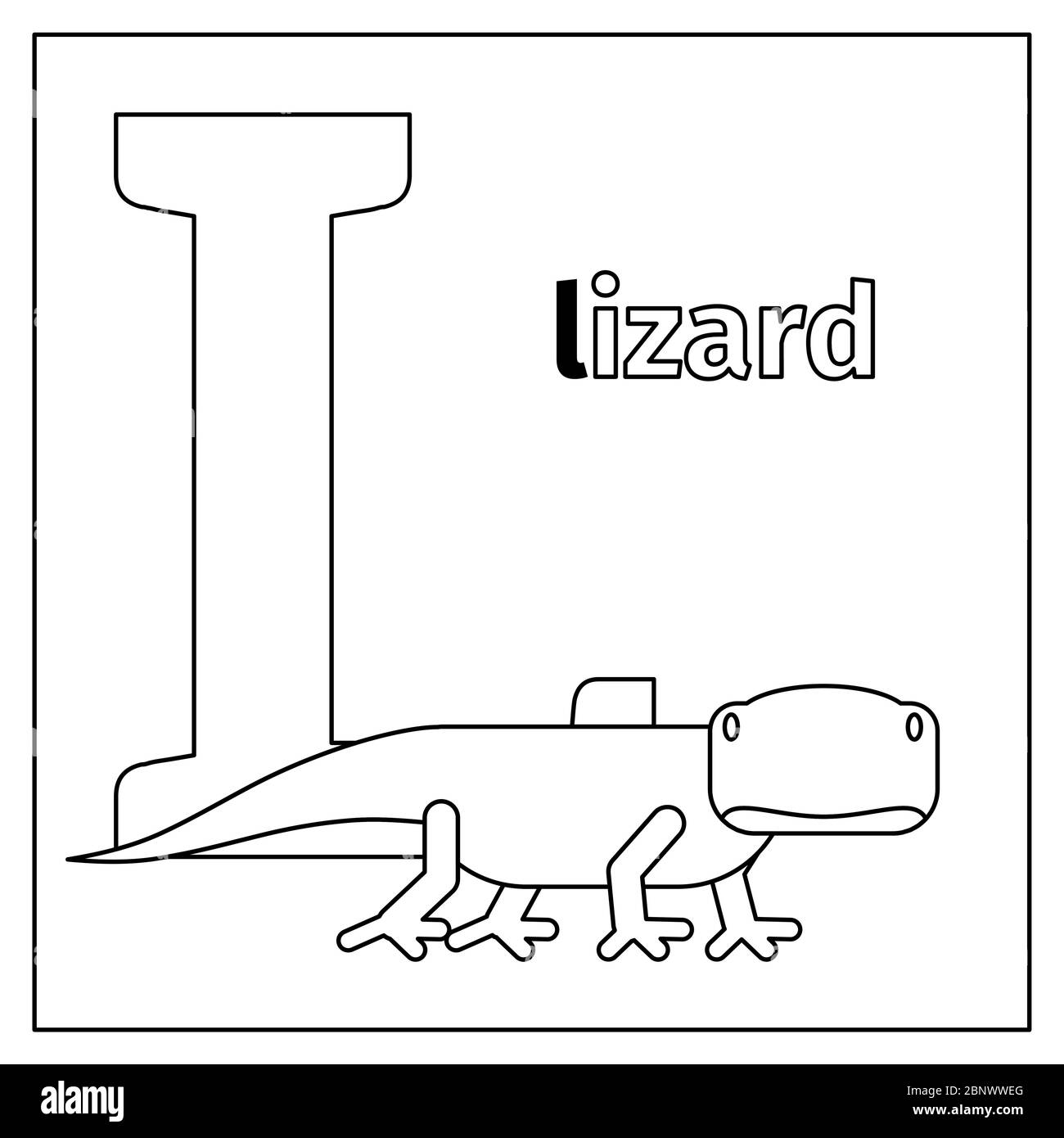 Malvorlagen oder Karten für Kinder mit englischen Tieren Zoo Alphabet. Eidechse, Buchstabe L Vektor Illustration Stock Vektor
