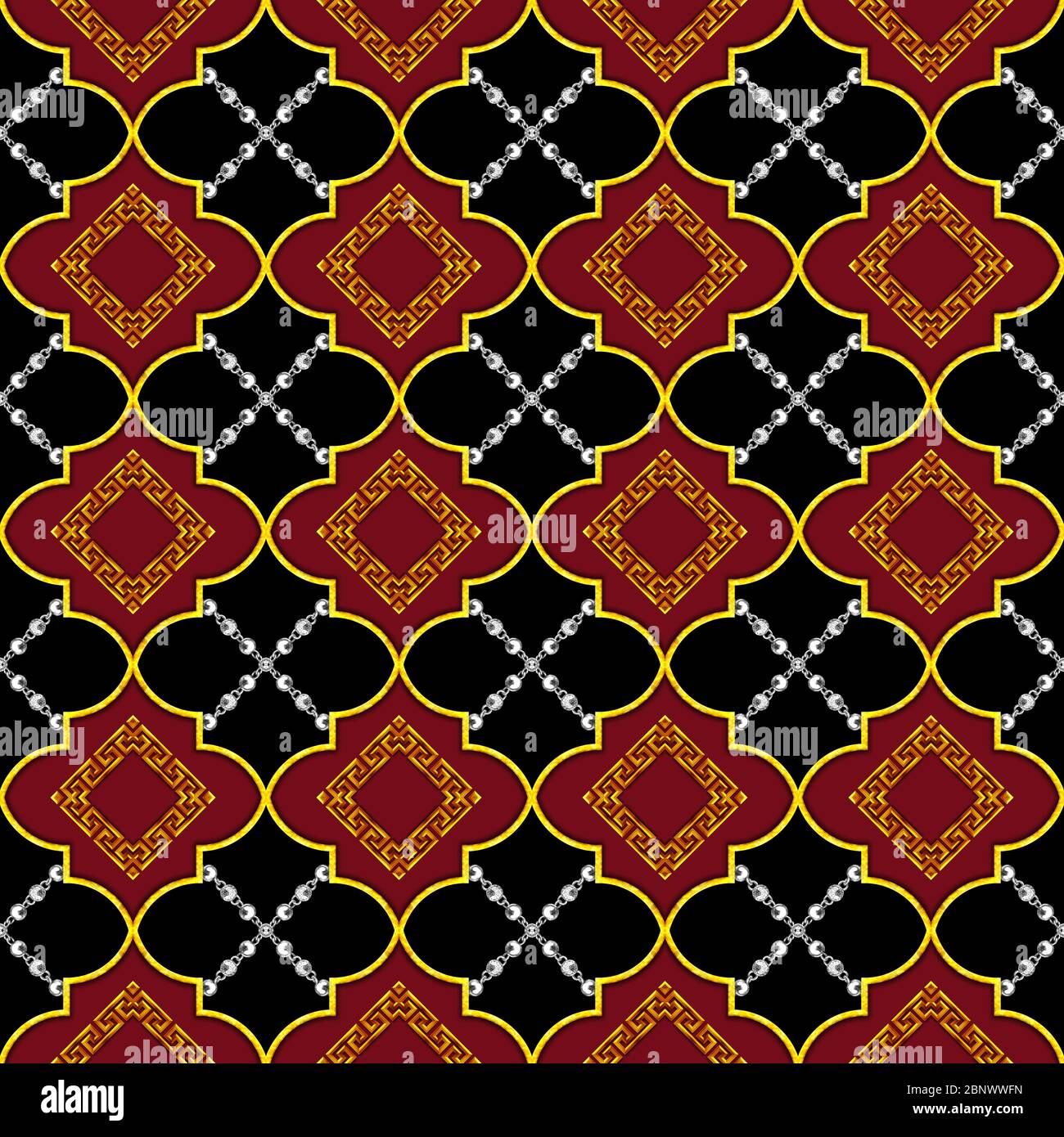 Nahtlose Luxus geometrische Golden Morrocan Trellis Muster mit Silber Ketten. Goldener Moftif auf rotem und schwarzem Hintergrund. Bereit für Textildrucke. Stockfoto