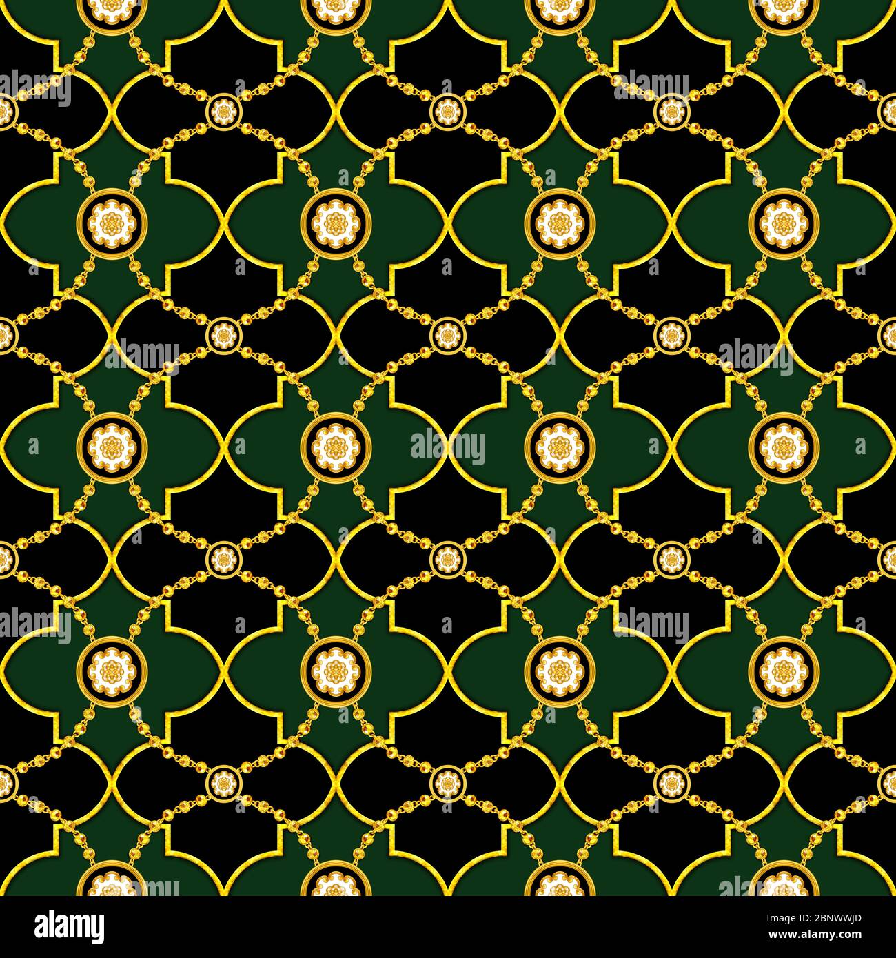 Nahtlose Luxus geometrische Golden Morrocan Trellis Muster mit goldenen Ketten. Moftif auf grünem und schwarzem Hintergrund. Bereit für Textildrucke. Stockfoto