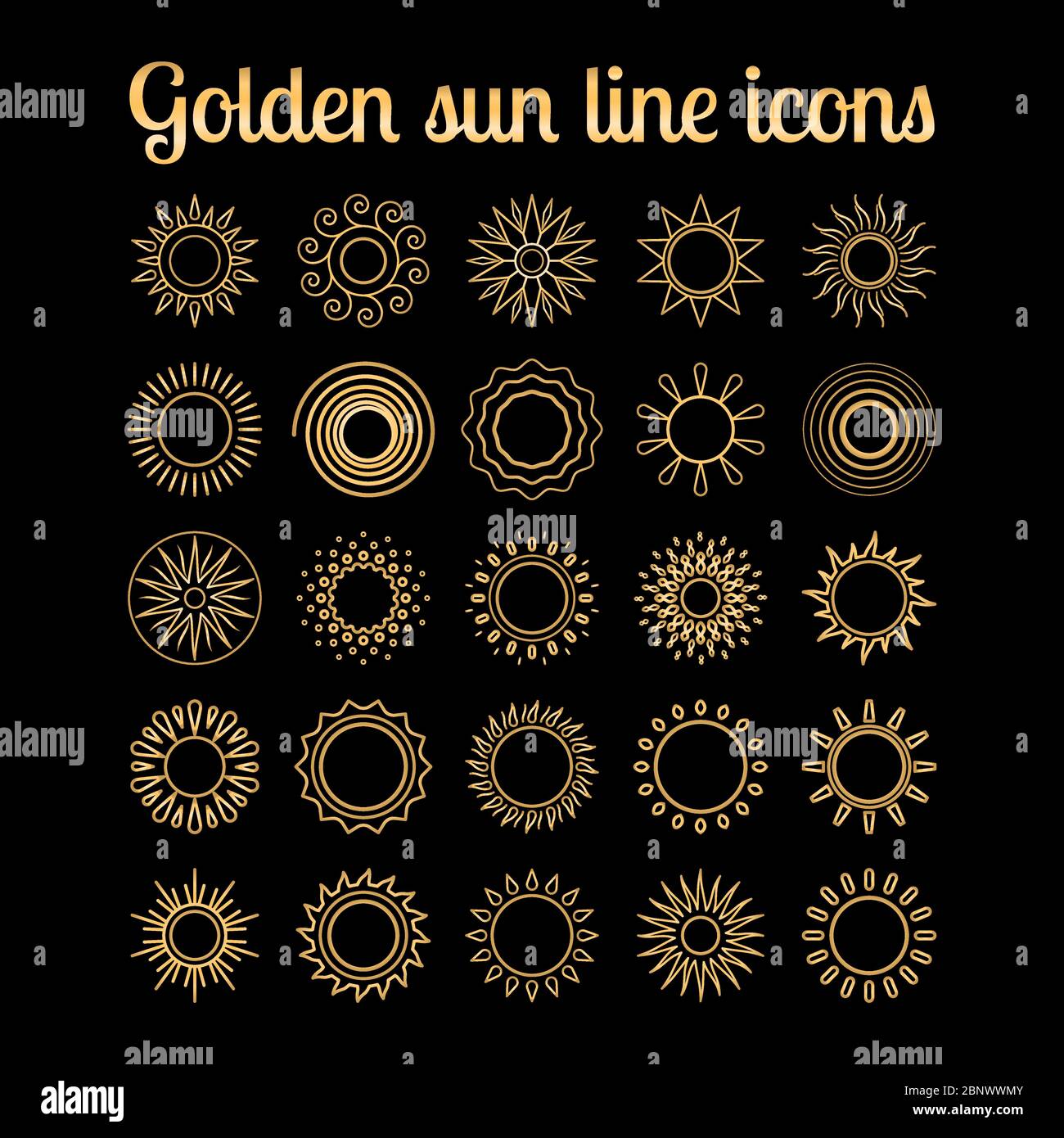 Goldene Sonne dünne Linie Symbole auf dem schwarzen Hintergrund gesetzt. Vektorgrafik Stock Vektor