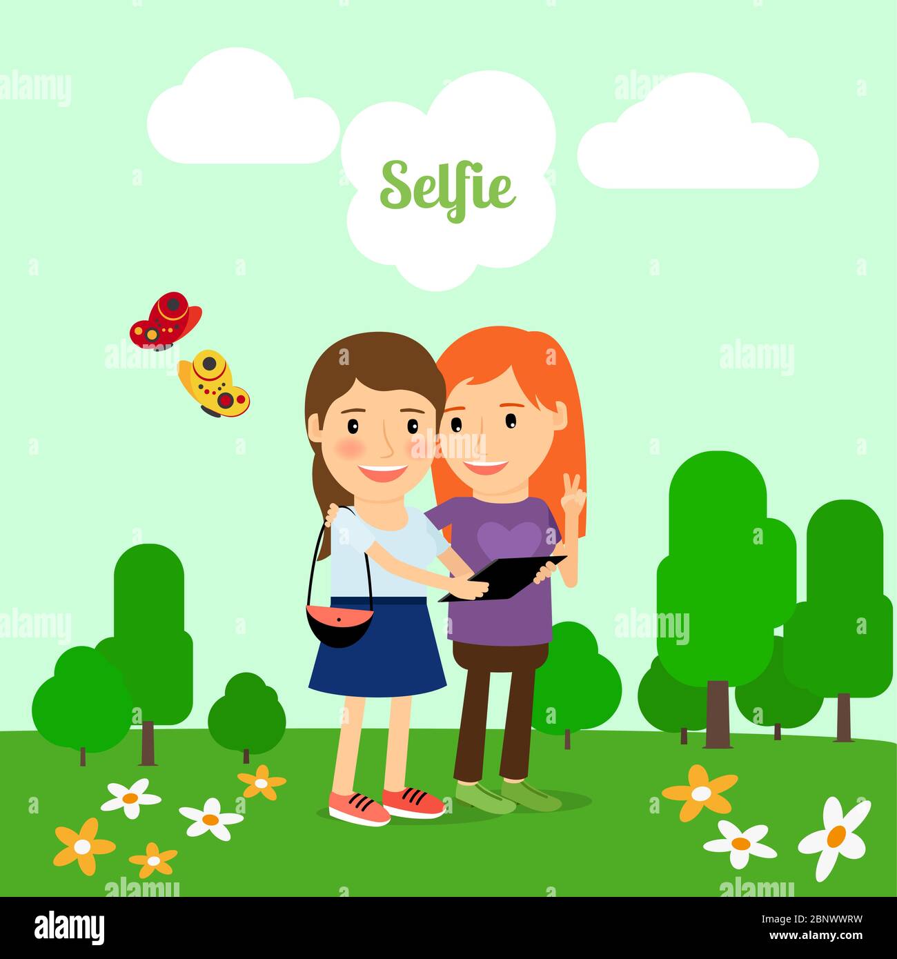 Zwei Mädchen, die Selfie draußen, Cartoon Vektor Illustration Stock Vektor