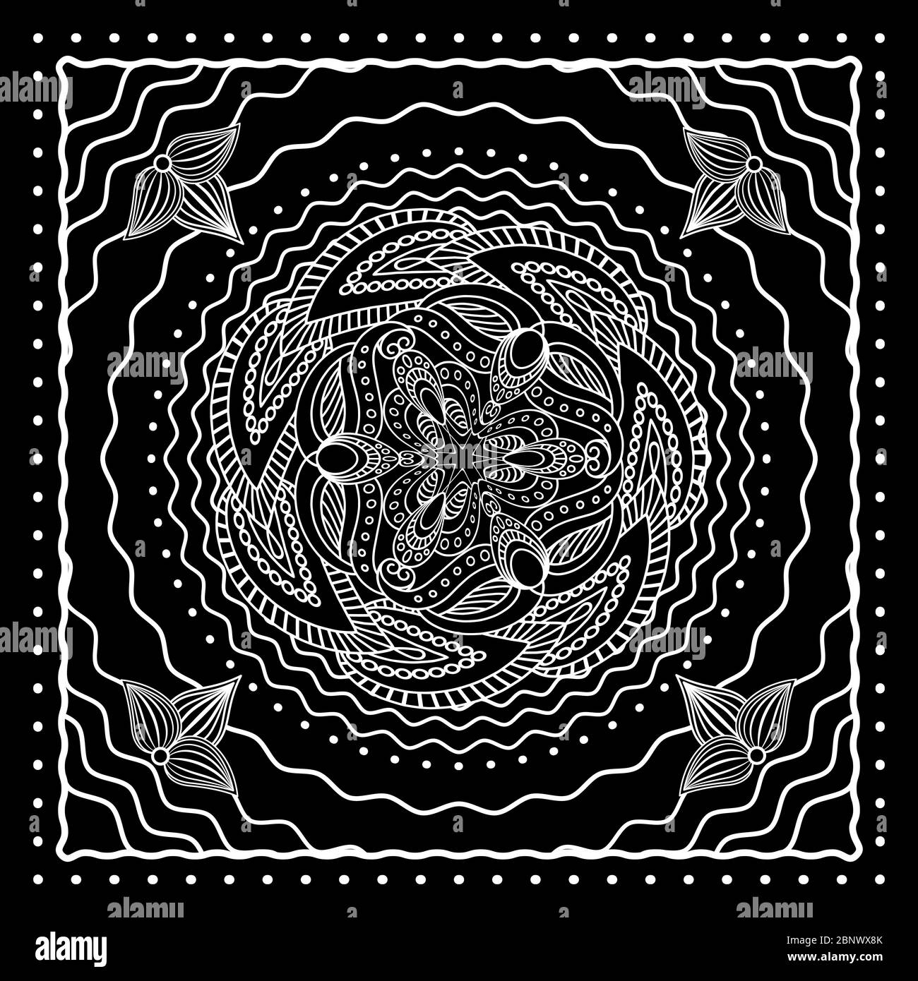 Schwarz-weiß orientalisches Bandana-Schal-Design. Vektorgrafik Stock Vektor