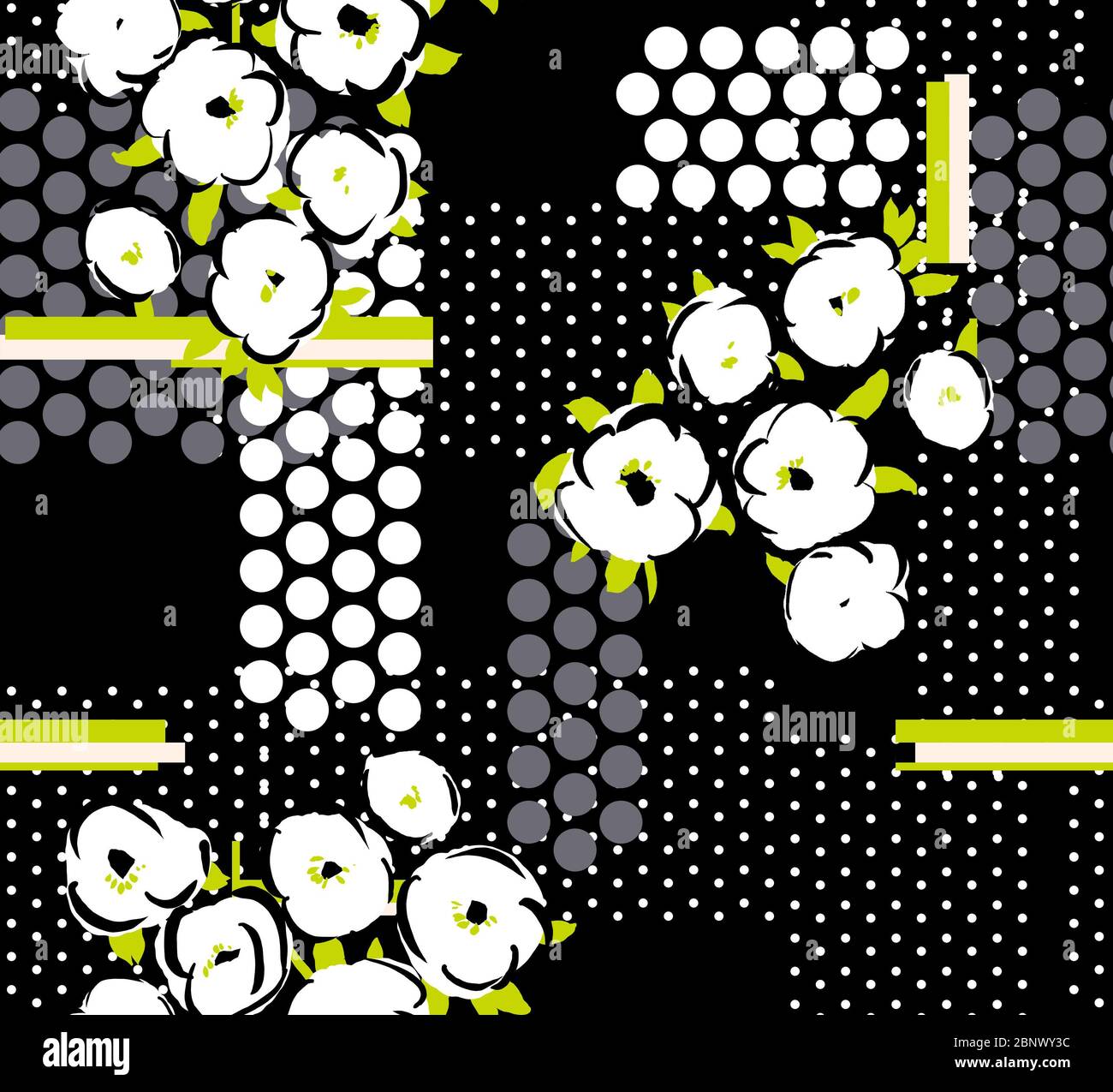 Blumen nahtlose Muster mit Punkten und Linien auf dunklem Hintergrund in Hand Zeichnung Stil. Stockfoto