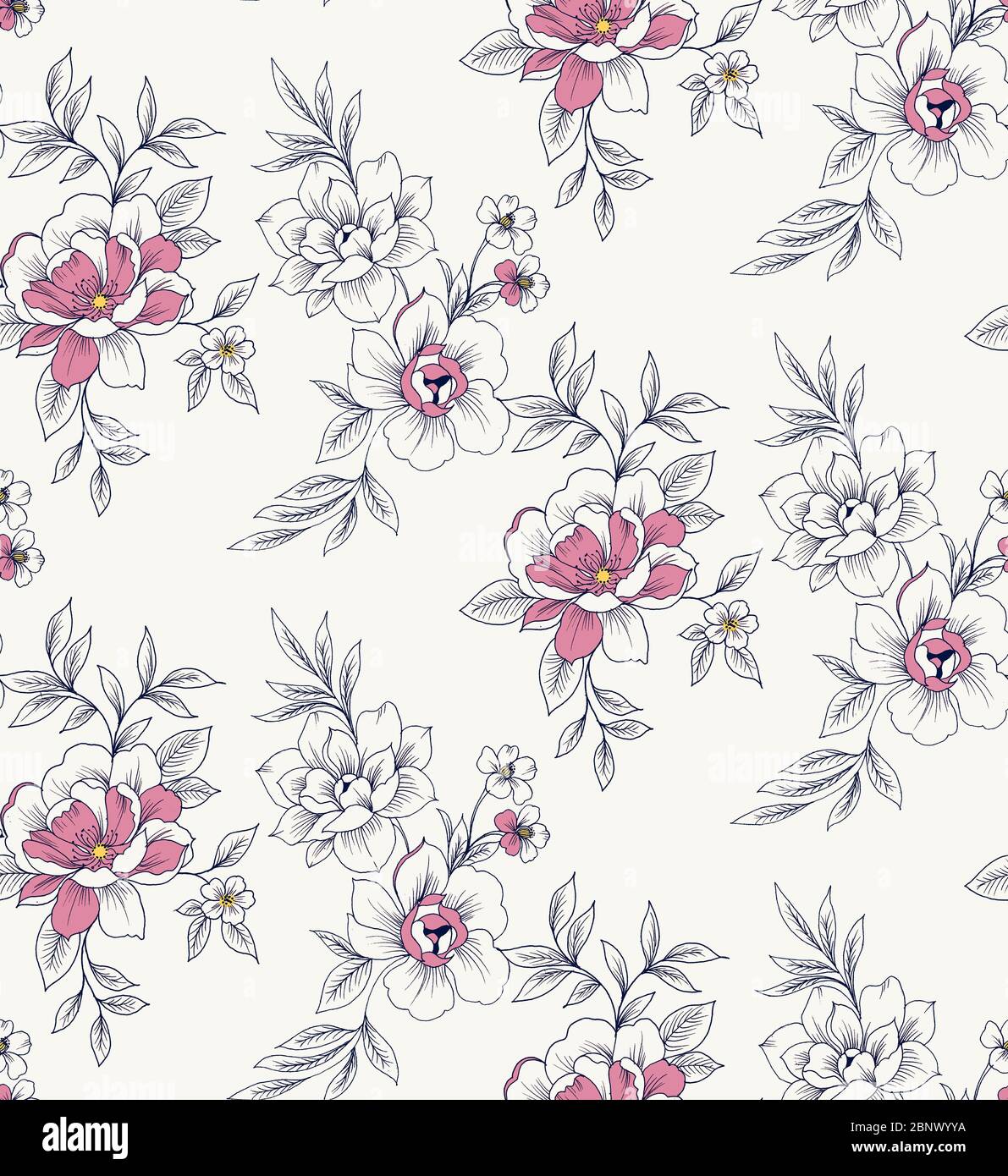 Nahtlos handgezeichnetes Blumenmuster. Vintage Blumen auf weißem Hintergrund. Blühende realistische Blumen. Stockfoto