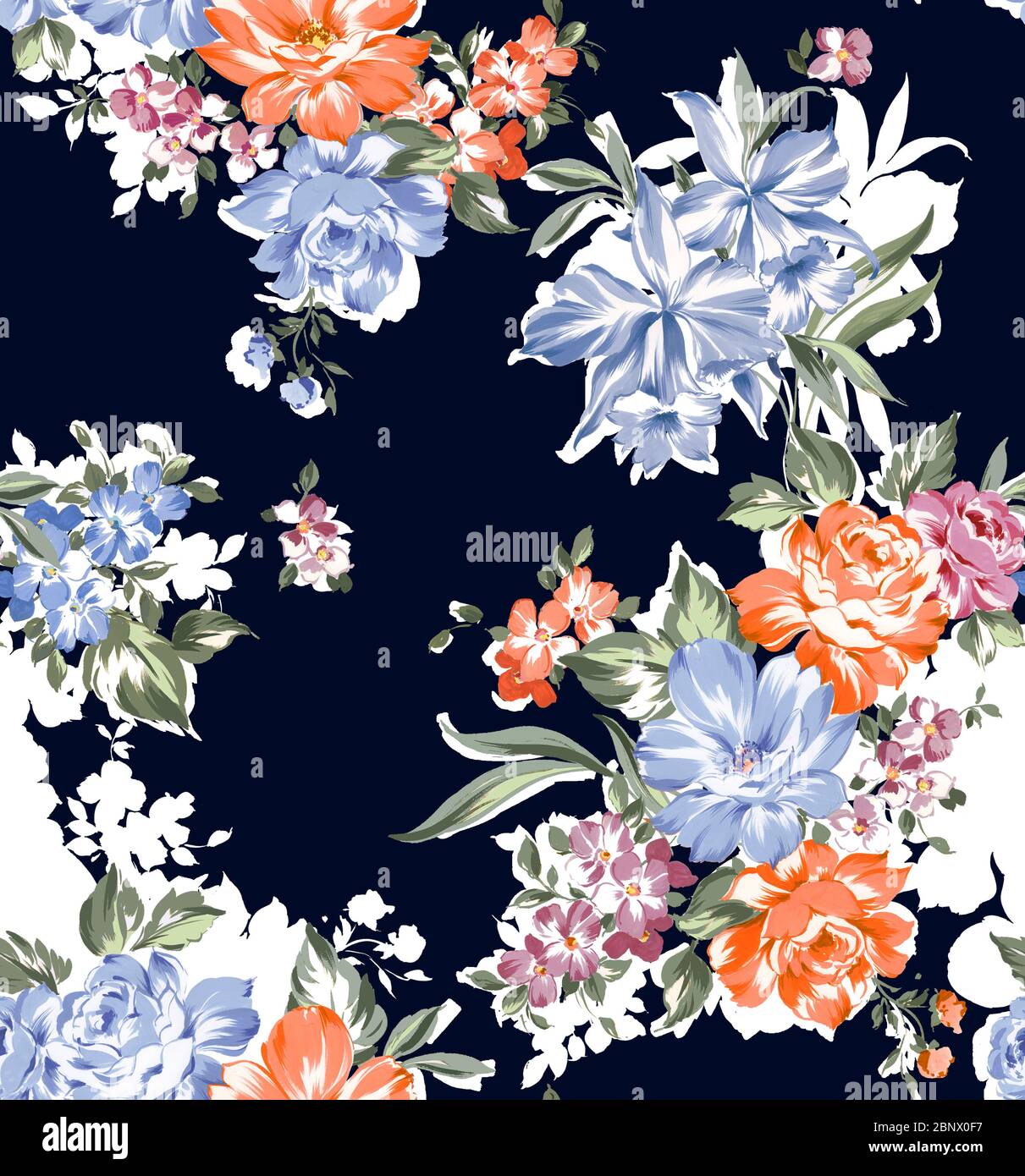 Sanfter Sommer Floral Nahtloses Muster mit Blumen im Vintage-Stil, Botanische Grußkarte, auf hellblauem Hintergrund. Bereit für Textildruck. Stockfoto