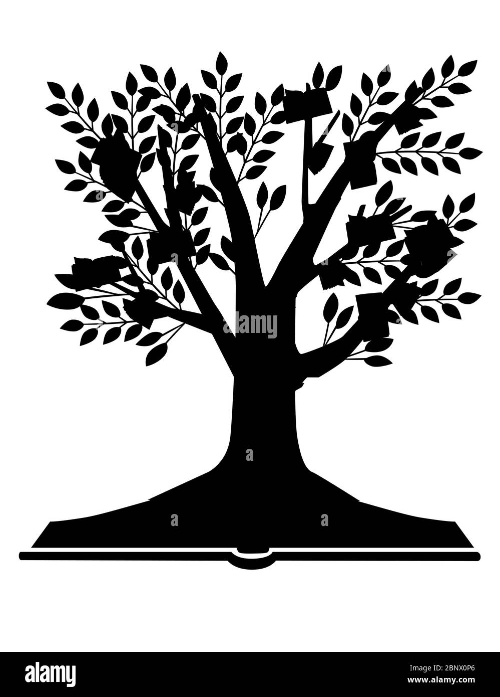 Schwarze Silhouette Bildung Konzept Bücher Wachstum auf dem Baum flache Vektor-Illustration auf weißem Hintergrund Stock Vektor