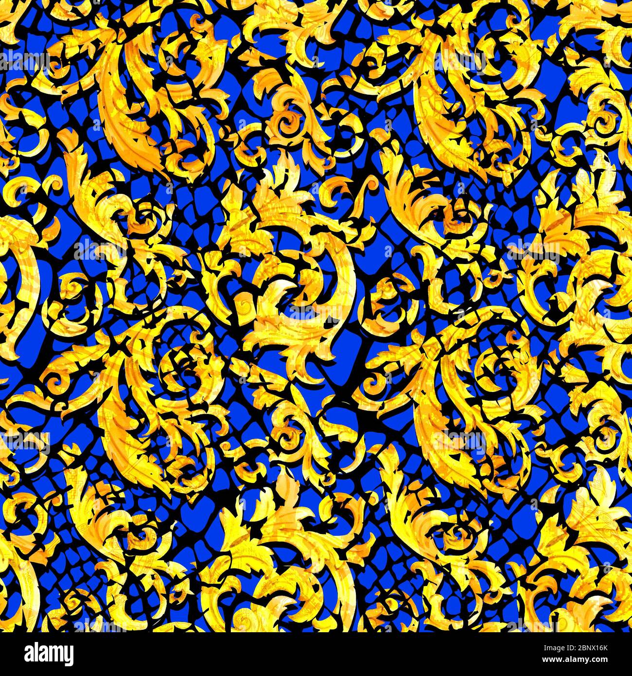 Schlangenhaut nahtlose Muster Textur mit Gold Barock. Modischer Textildruck auf schwarzem Hintergrund. Stockfoto