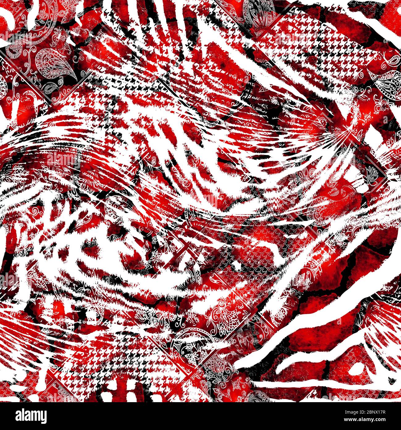 Nahtlose wilde Haut Muster. Mix aus Tigerhaut, jaguar-Haut. leopardendruck mit rotem Hintergrund. Stockfoto