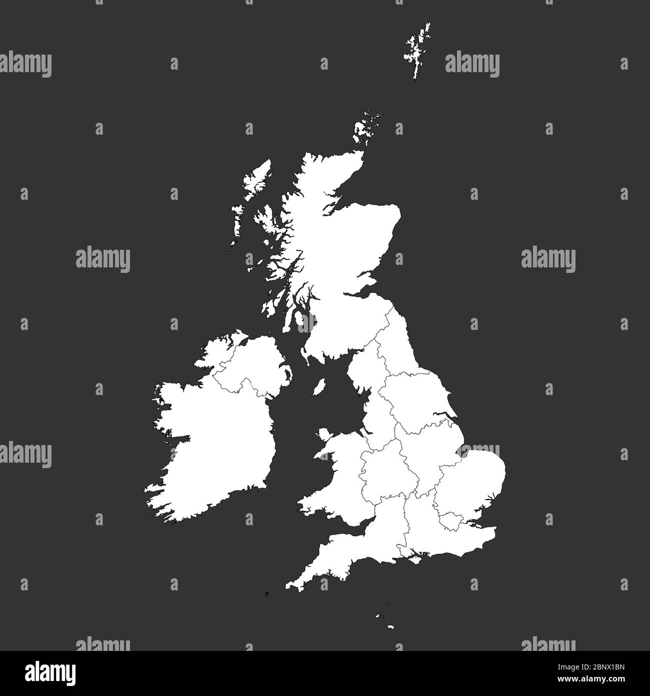 Karte von Großbritannien weiß auf grauem Hintergrund hervorgehoben. Geschäftskonzepte und Hintergründe. Stock Vektor