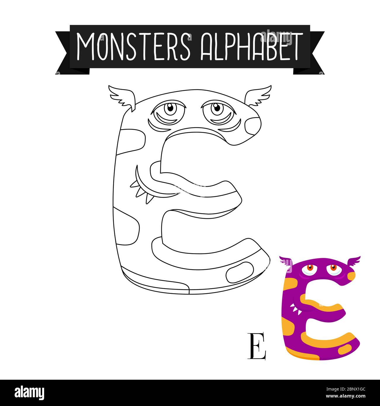 Malseite Monster Alphabet für Kinder. Vektorgrafik Buchstabe E Stock Vektor