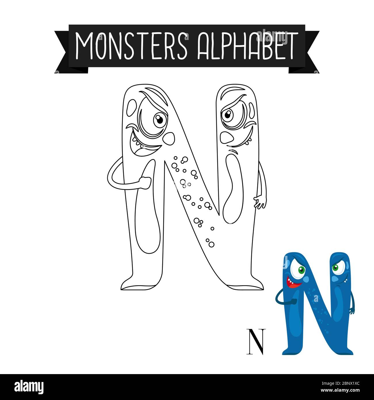 Malseite Monster Alphabet für Kinder. Vektorgrafik Buchstabe N Stock Vektor