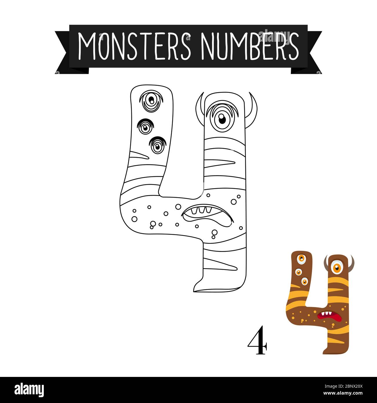 Malseite Monster Zahlen für Kinder. Vektorgrafik Nummer 4 Stock Vektor