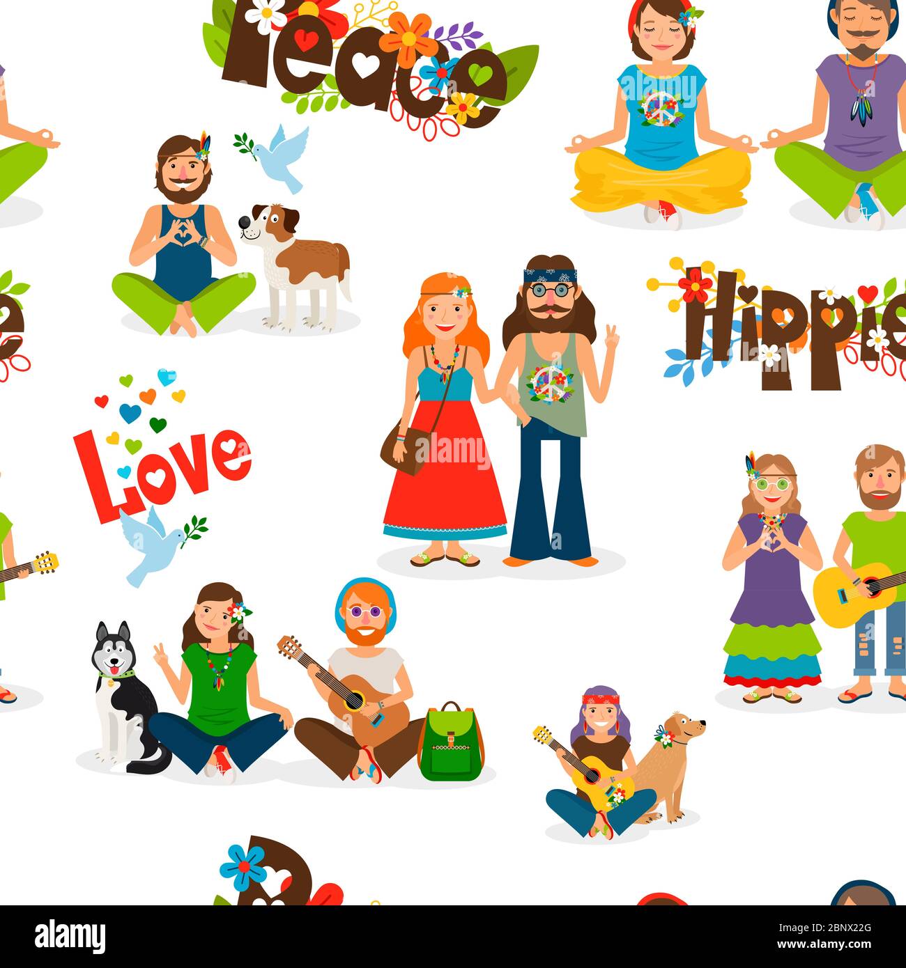 Hippie Menschen nahtlose Muster auf transparenten Hintergrund Vektor-Illustration Stock Vektor