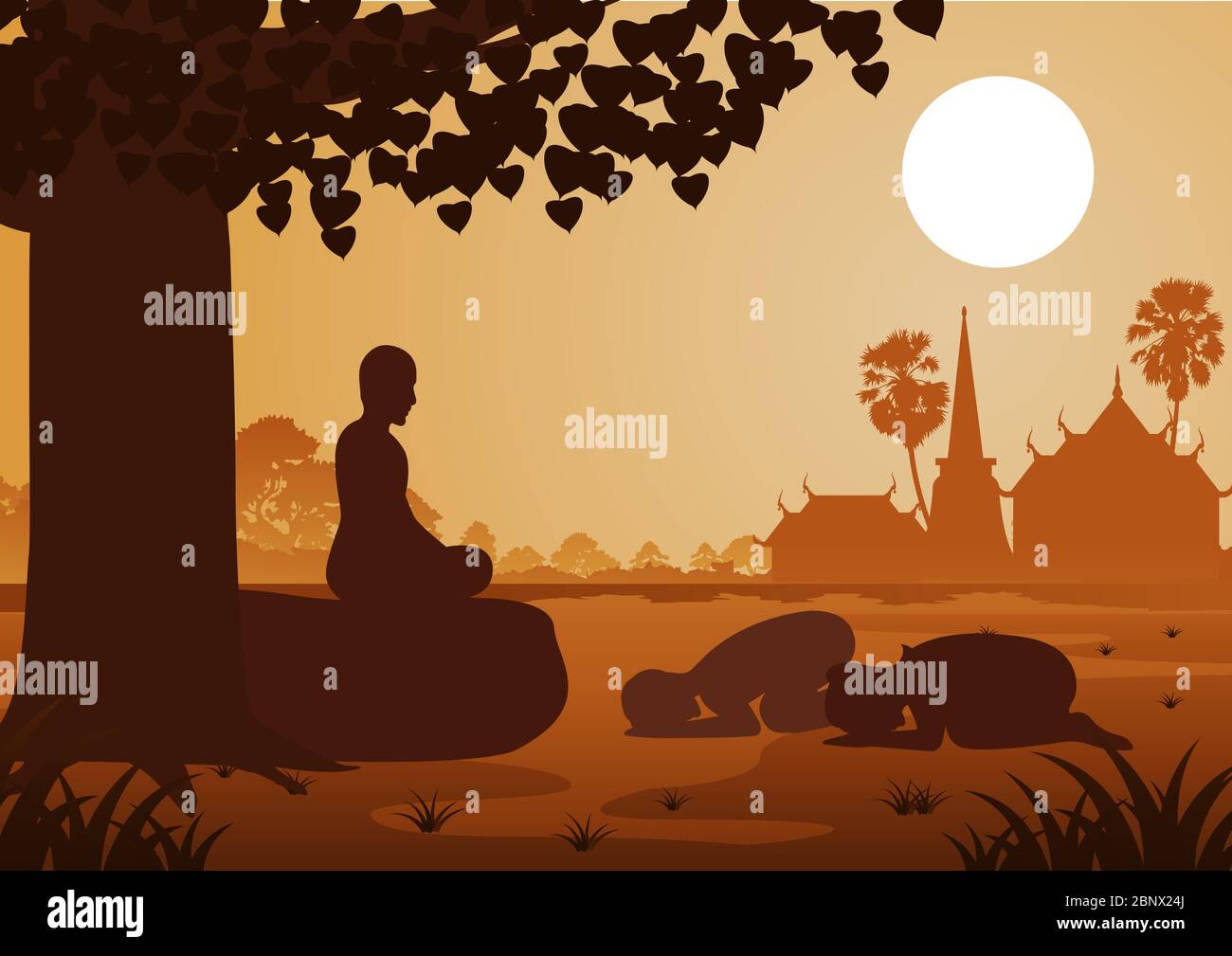Buddhistische paar Respekt höflich, mit dem Glauben zu Mönch und glauben, Silhouette Style Vector Illustration Stock Vektor