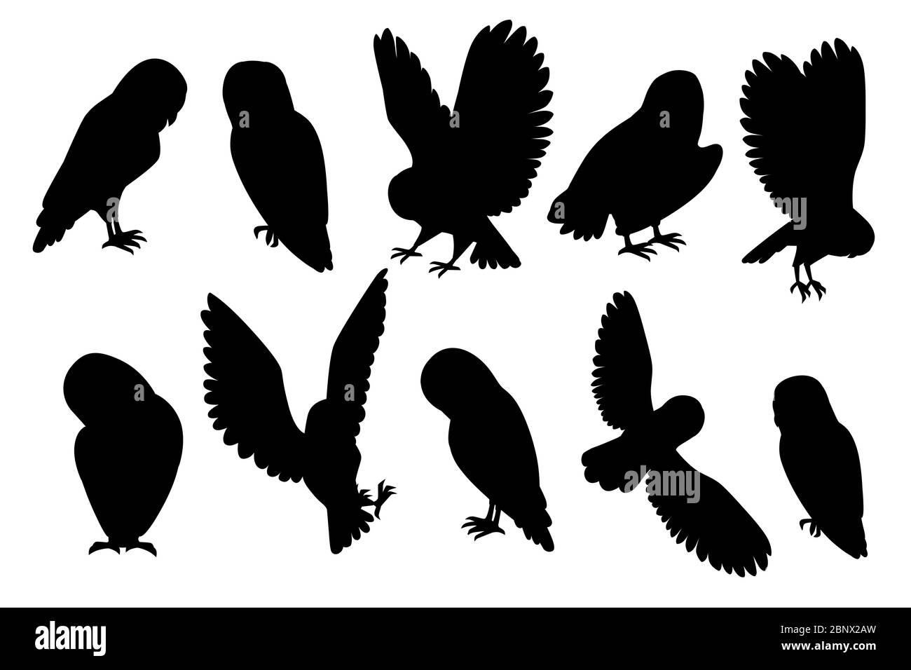Schwarze Silhouette Satz von niedlichen Scheune Eule (tyto alba) Cartoon wilden Wald Vogel Tier Design flache Vektor-Illustration isoliert auf weißem Hintergrund Stock Vektor