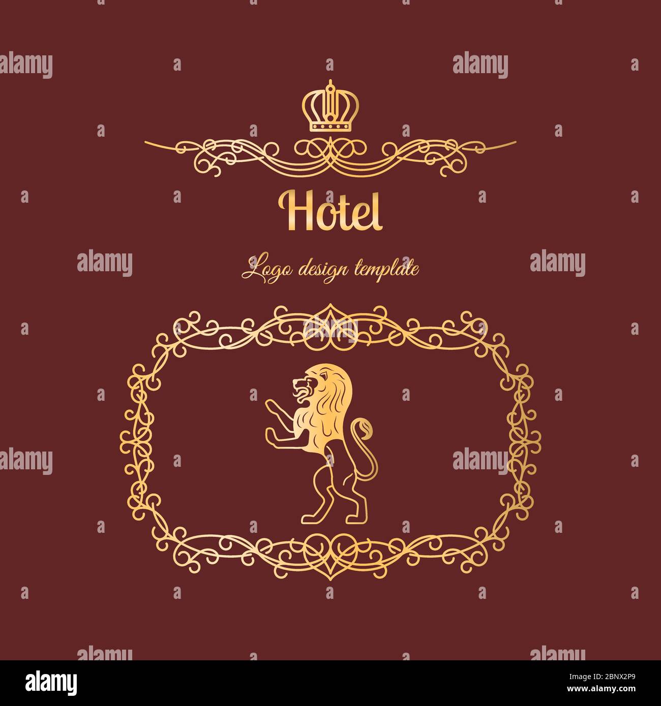Logo-Design für Hotel mit Vintage-Rahmen, Krone und königlichem Löwen. Vektorgrafik Stock Vektor