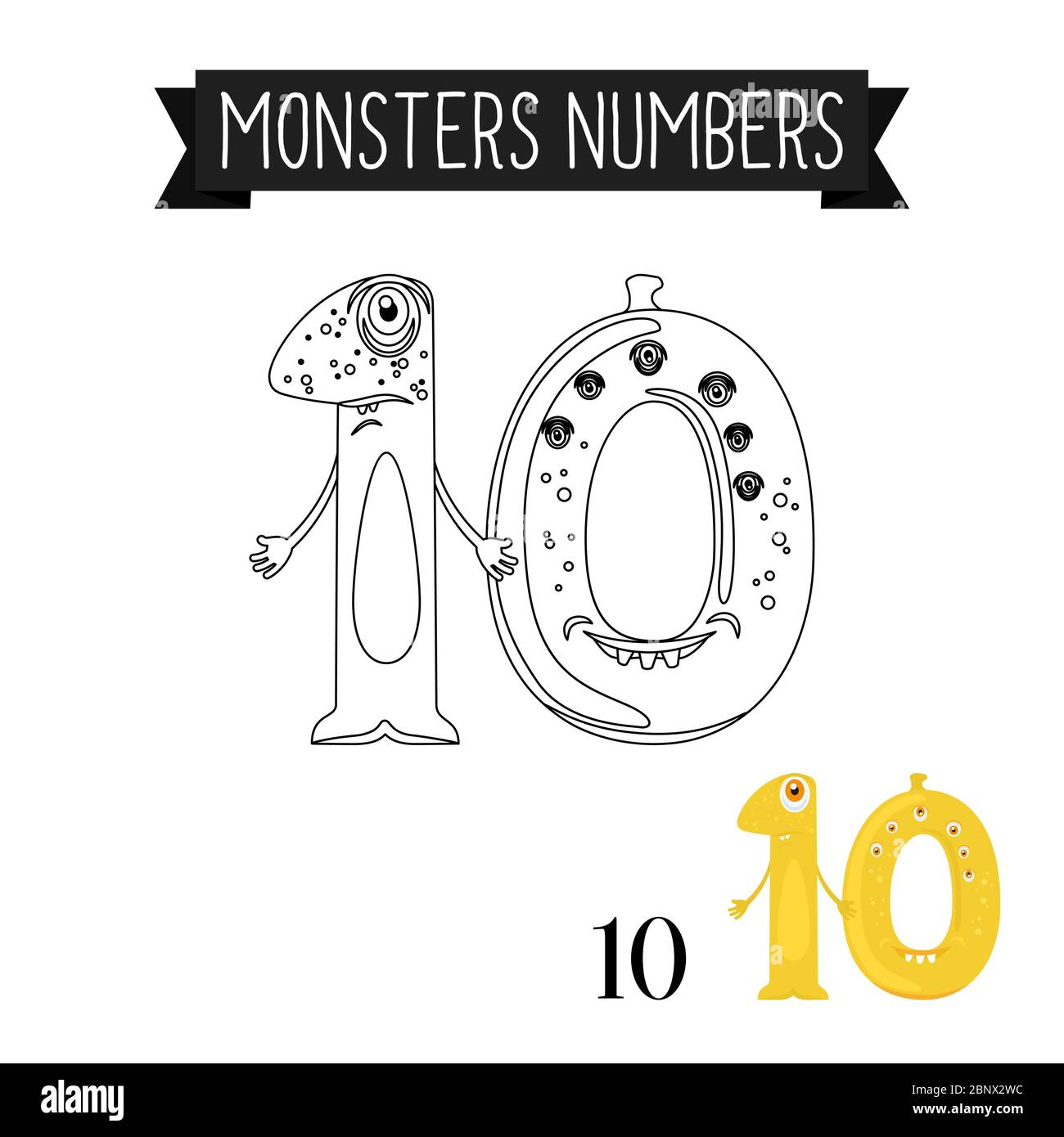 Malseite Monster Zahlen für Kinder. Vektorgrafik Nummer 10 Stock Vektor