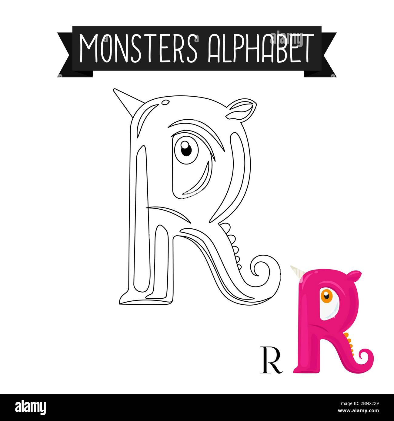 Malseite Monster Alphabet für Kinder. Vektorgrafik Letter R Stock Vektor