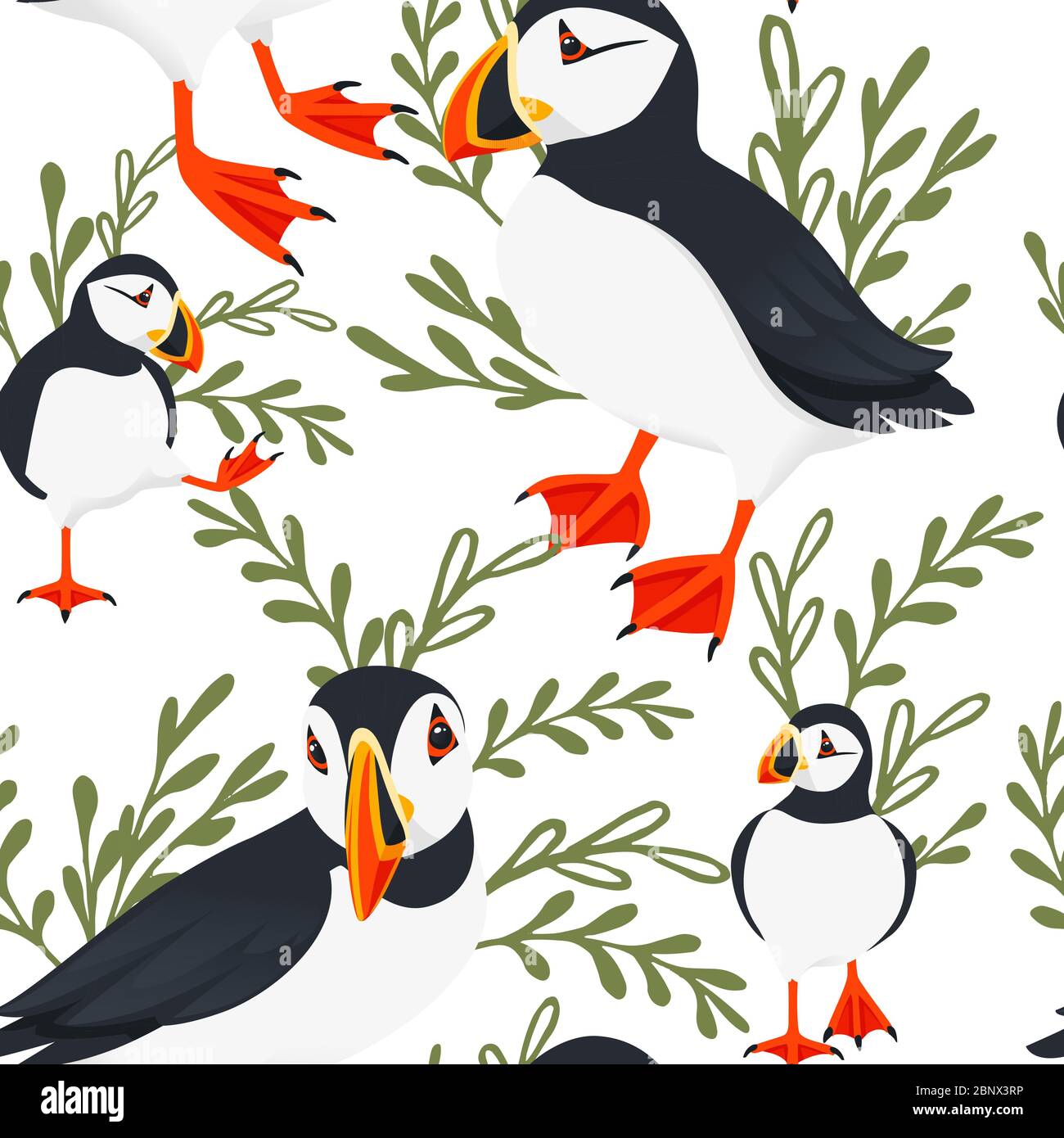 Nahtlose Muster atlantic Papageientaucher Vogel Cartoon Tier Design flache Vektor-Illustration auf blauem Hintergrund mit grünen Blättern Stock Vektor