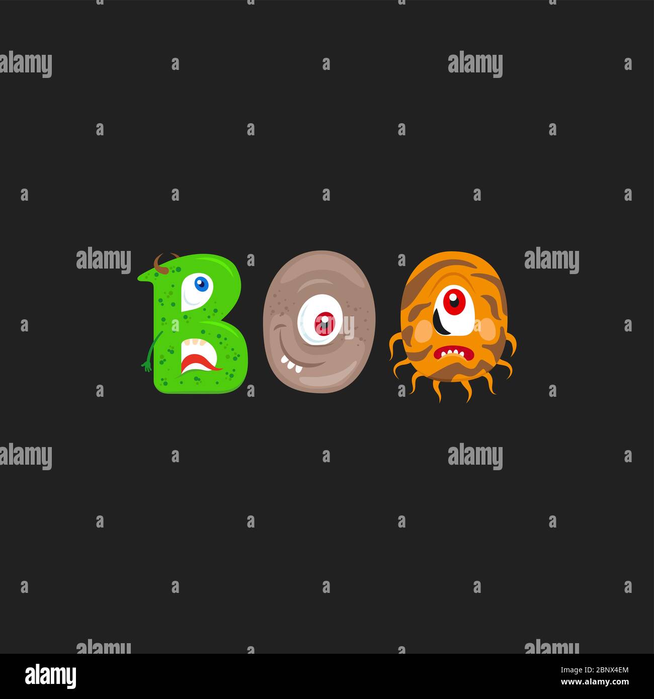 Druckmotiv für Textil mit Monsters Buchstaben und Wort Boo auf dunklem Hintergrund. Vektorgrafik Stock Vektor