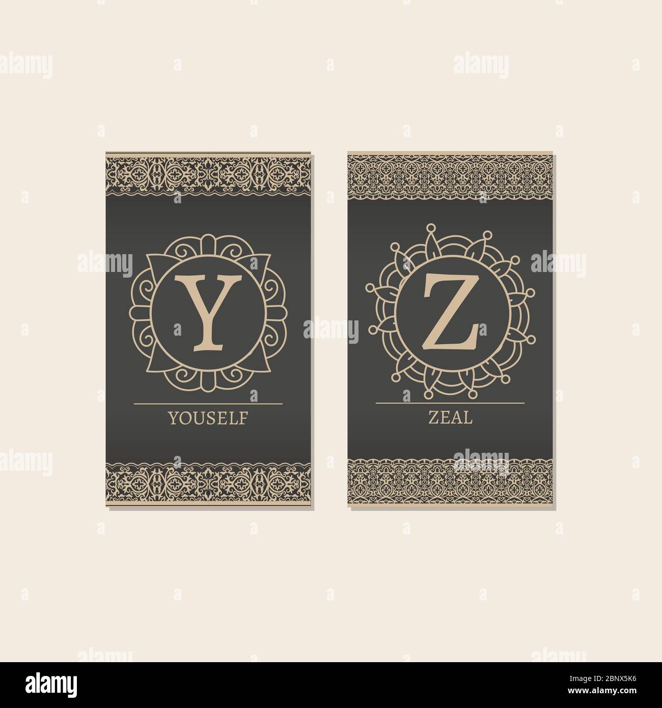 Karten mit Monogramm Logos und Rahmen. Vektorgrafik Buchstaben Y-Z Stock Vektor