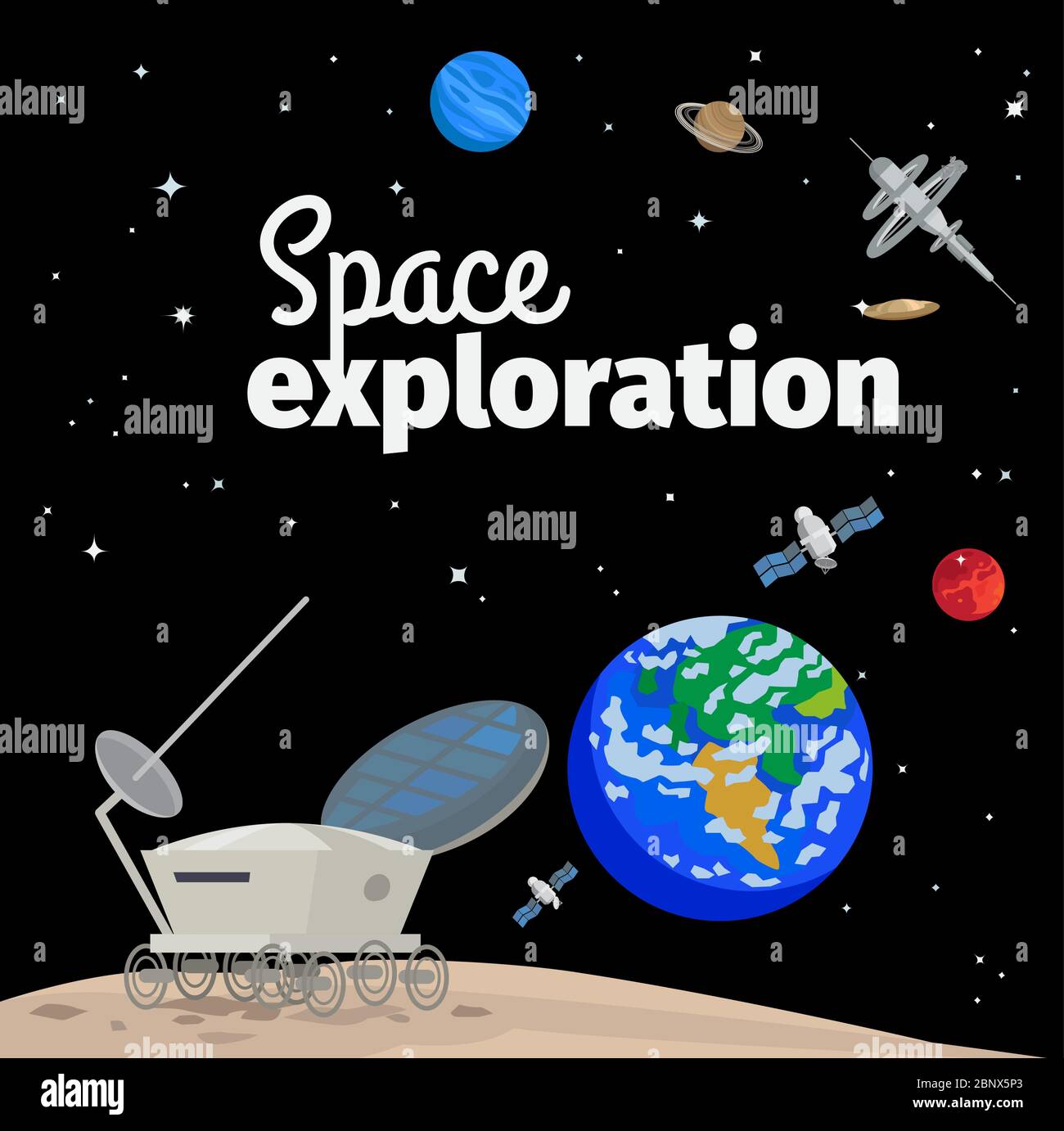 Weltraumforschung Illustration mit Weltraum, Erde und Satelliten. Vektorgrafik Stock Vektor