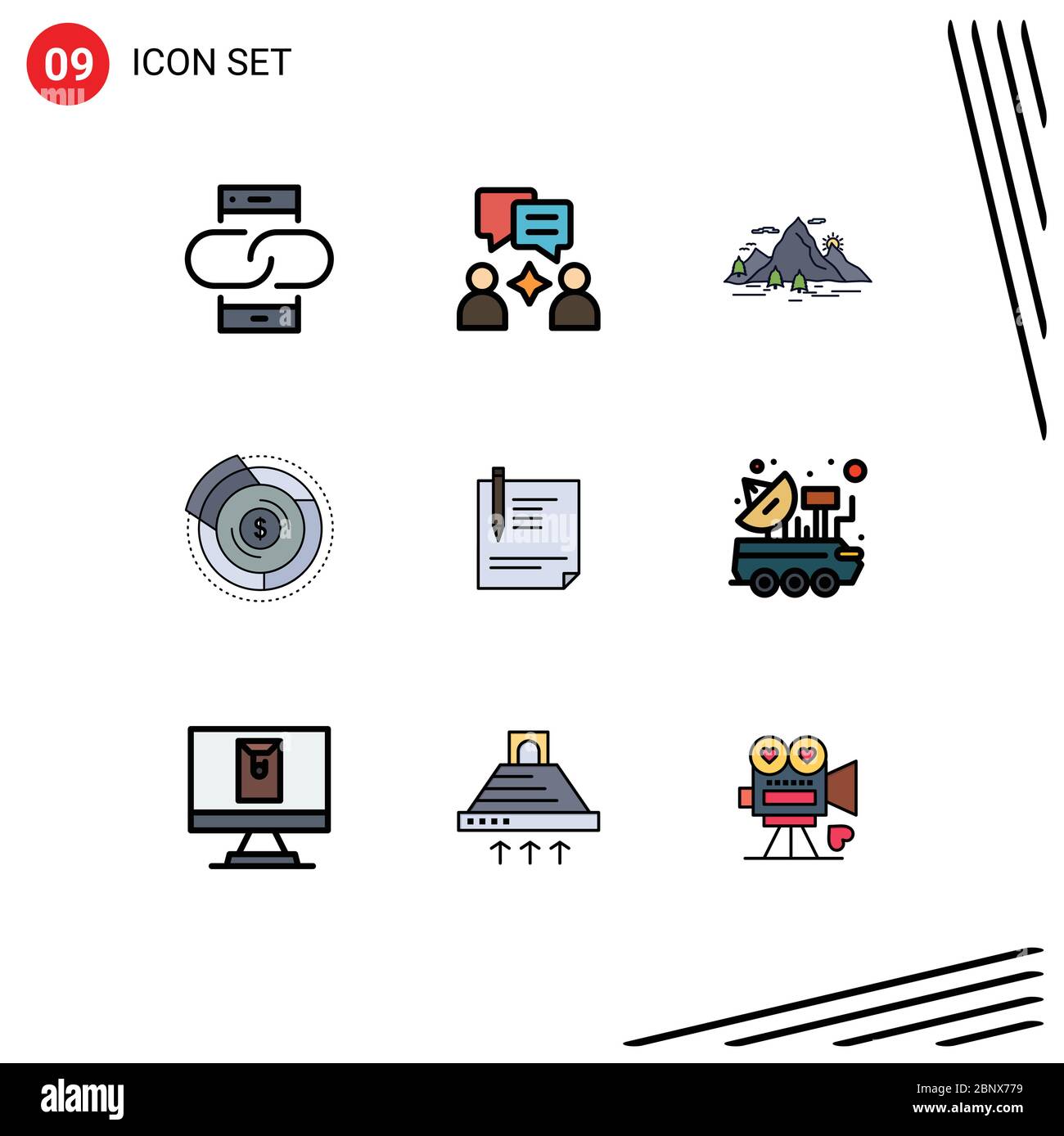 Set von 9 modernen UI-Symbole Symbole Zeichen für Grafik, Diagramm, Natur, Budget, Szene editierbare Vektor Design-Elemente Stock Vektor