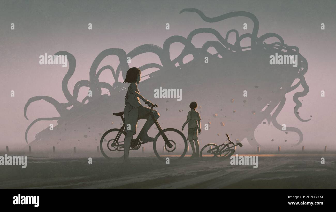 Junge und Mädchen, die auf riesigen fremden Monster am Horizont, digitale Kunst-Stil, Illustration Malerei Stockfoto