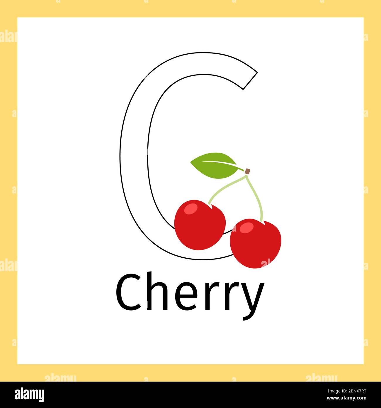 Kinder Bildungskarte mit Kirschfrucht und Umriss Buchstabe C zum Färben, Vektor-Illustration Stock Vektor