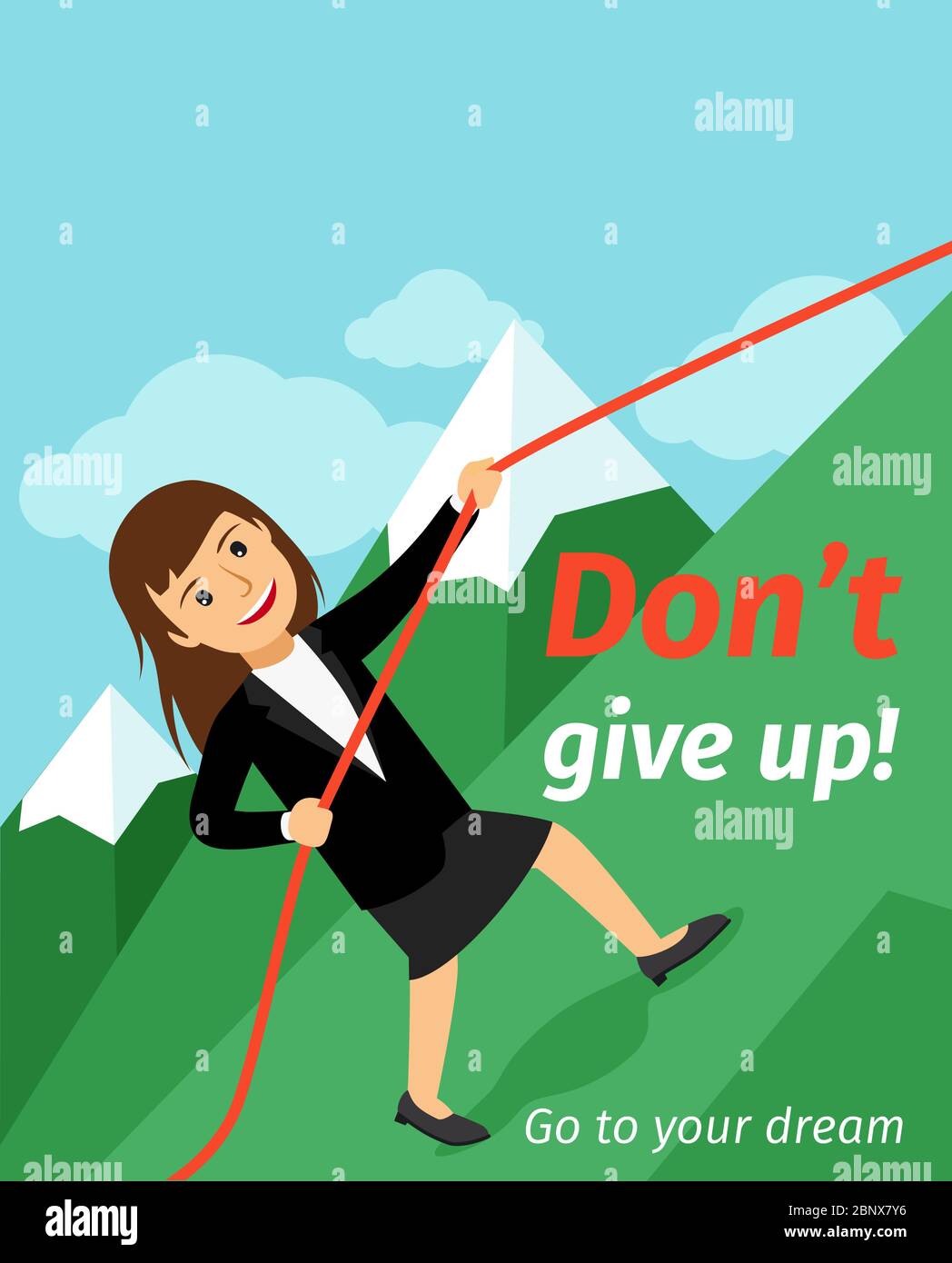 Motivationsposter, vertikales Banner mit dont Give Up Inschrift. Gehen Sie zu Ihrem Traum mit Business Lady Vektor-Illustration Stock Vektor