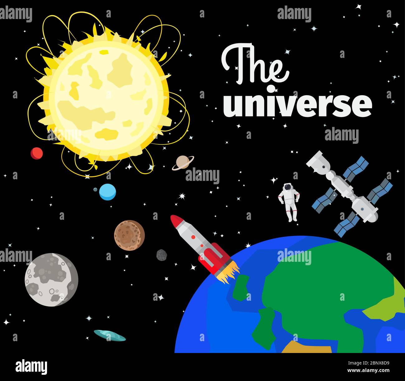 Das Universum im Weltall mit Sonne und Planeten und Raketen. Vektorgrafik Stock Vektor