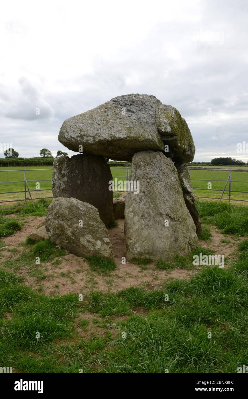 Nahaufnahme der Bodowyr Neolithischen Grabkammer in Llangaffo auf der Isle of Anglesey in Nord Wales besteht aus 5 Steinen Stockfoto