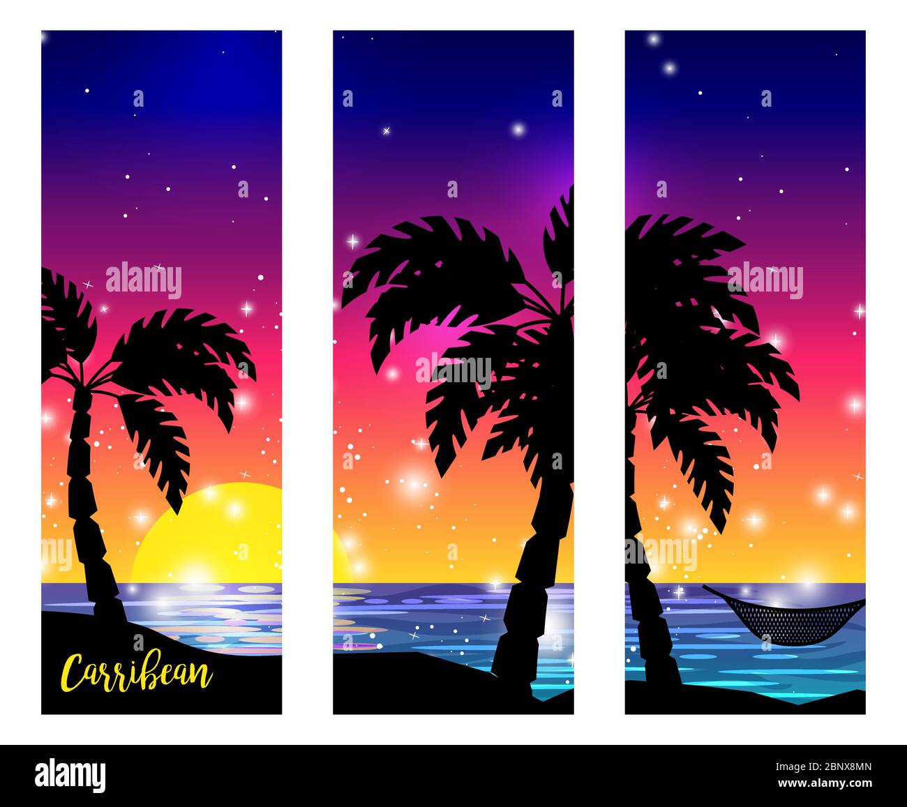 Karibisches Triptychon mit Palmen-Silhouetten und Vektor-Digitalgrafiken zum Sonnenuntergang am Meer Stock Vektor
