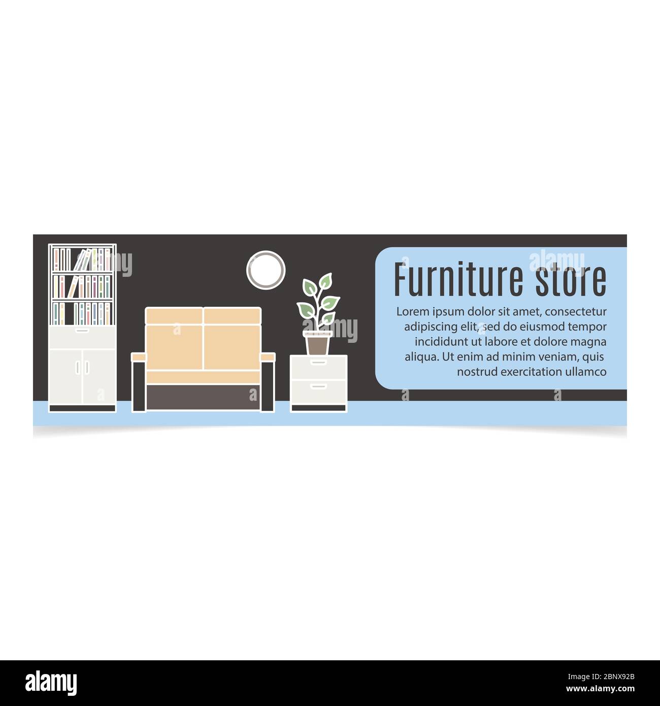 Möbel horizontale Banner mit Sofa und Bücherregal. Vektorgrafik Stock Vektor