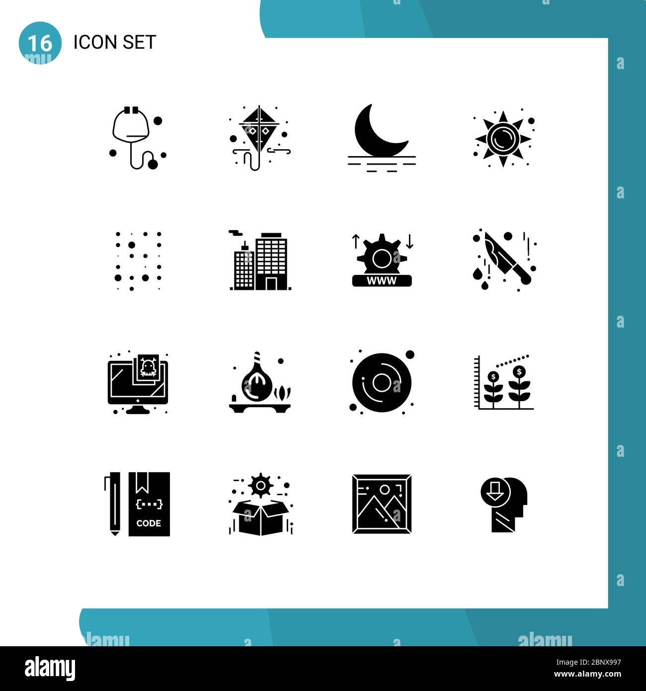 16 Thematischer Vektor Feste Glyphen und editierbare Symbole von Scince, Daten, Mond, Unstruktur, Sonne editierbare Vektordesign-Elemente Stock Vektor