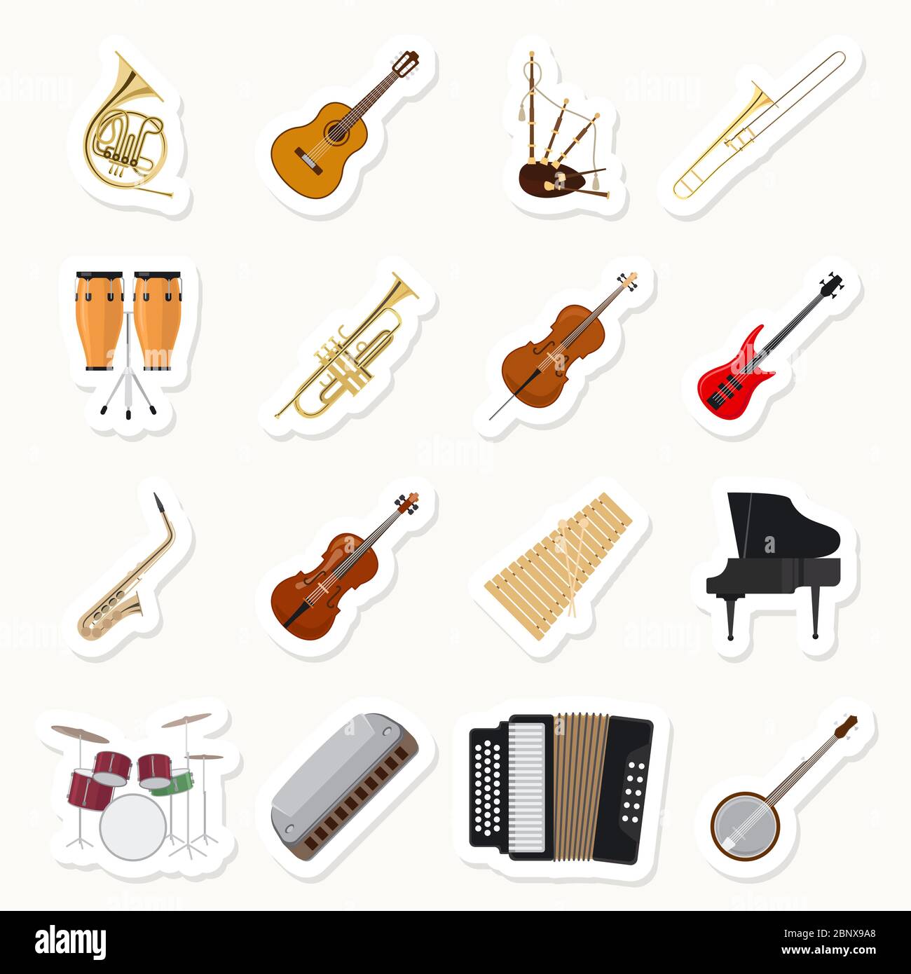 Musikinstrumente Sticker Set. Orchester Musik Band Vektor Illustration Stock Vektor