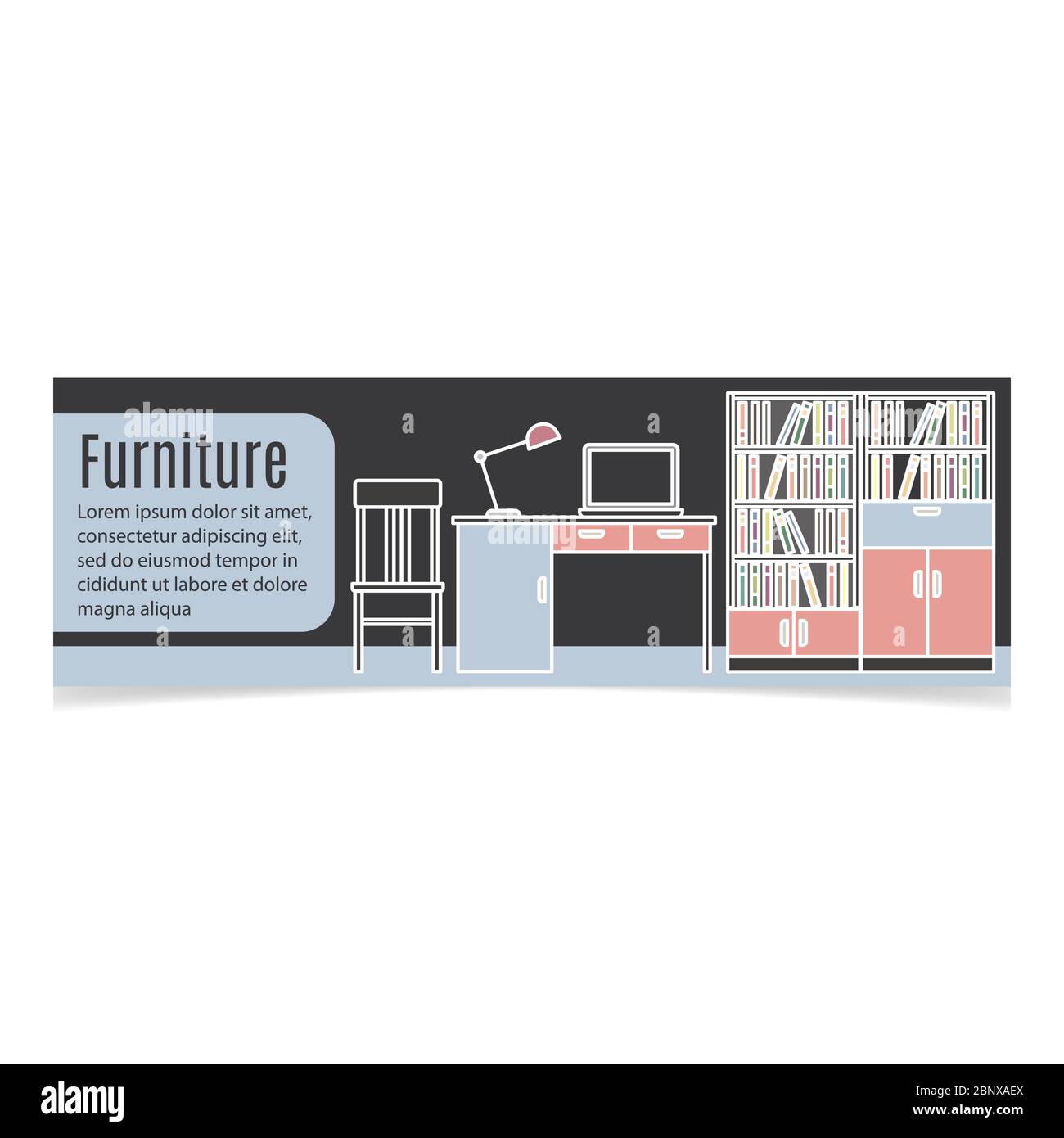 Möbel waagerechte Banner mit Tisch und Bücherregal. Vektorgrafik Stock Vektor