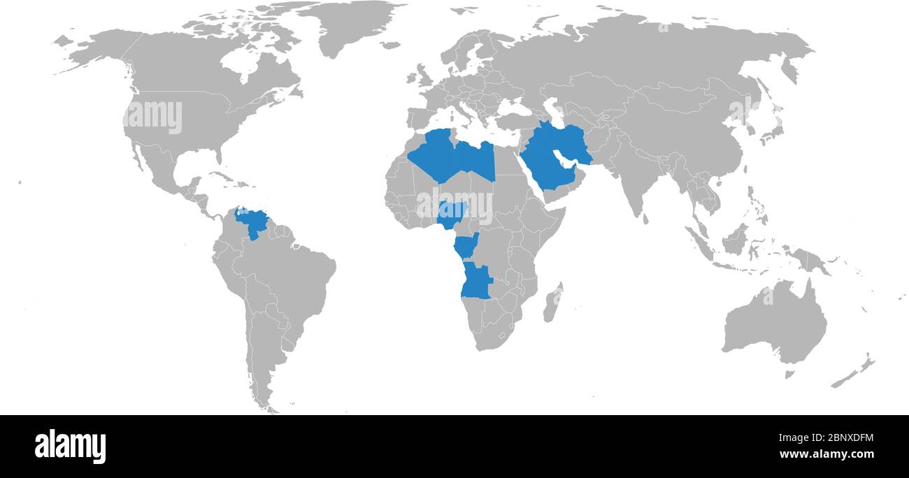 OPEC-Mitgliedsländer auf der Weltkarte hervorgehoben. Perfekt für Geschäftskonzepte, Hintergründe, Hintergrund, Banner, Poster, Aufkleber, Label und Wallpa Stock Vektor