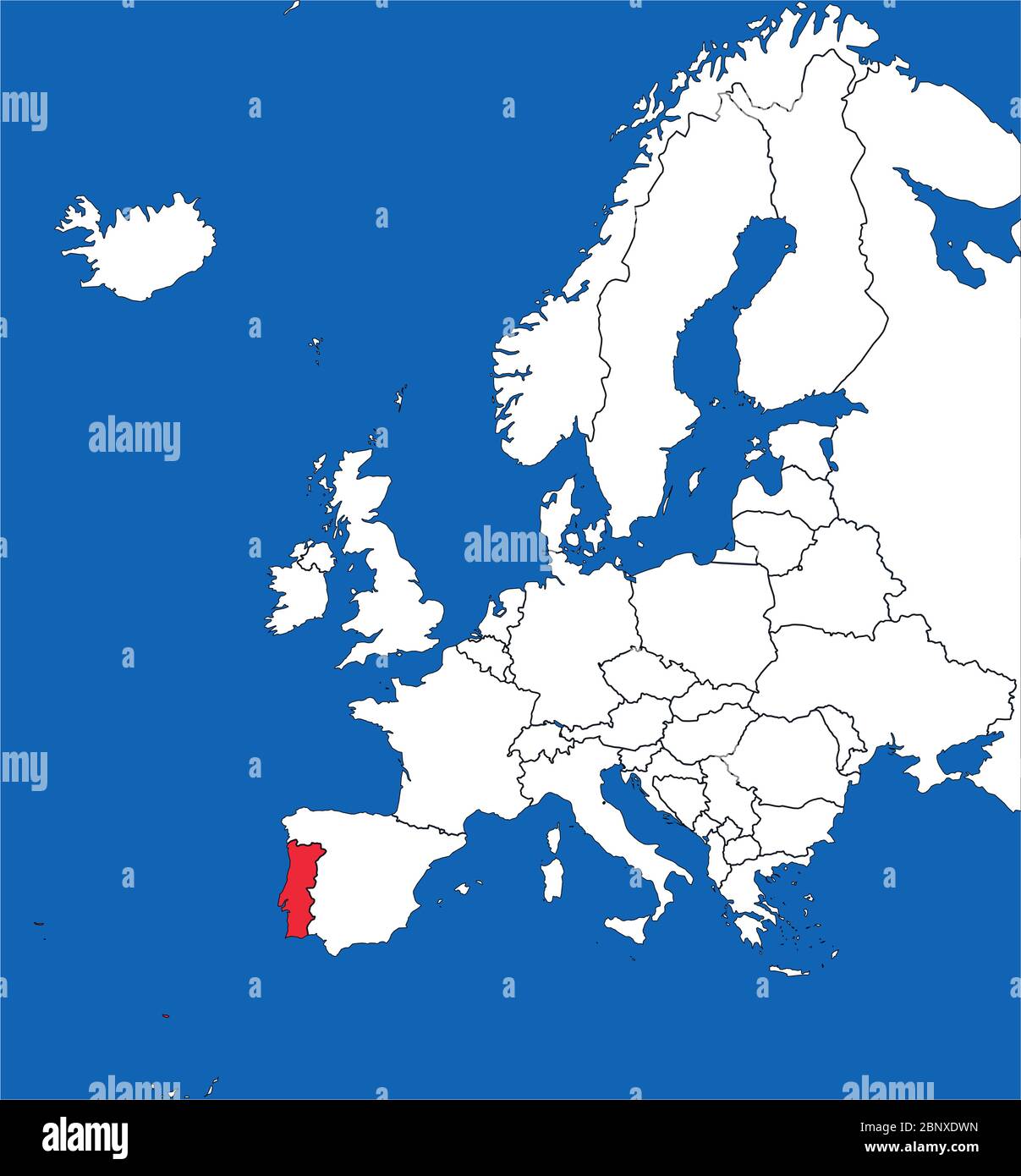 Portugal Karte auf europa Kontinent hervorgehoben. Weiß auf blauem Hintergrund. Perfekt für Geschäftskonzepte, Hintergründe, Hintergrund, Poster, Aufkleber, Banner, Stock Vektor